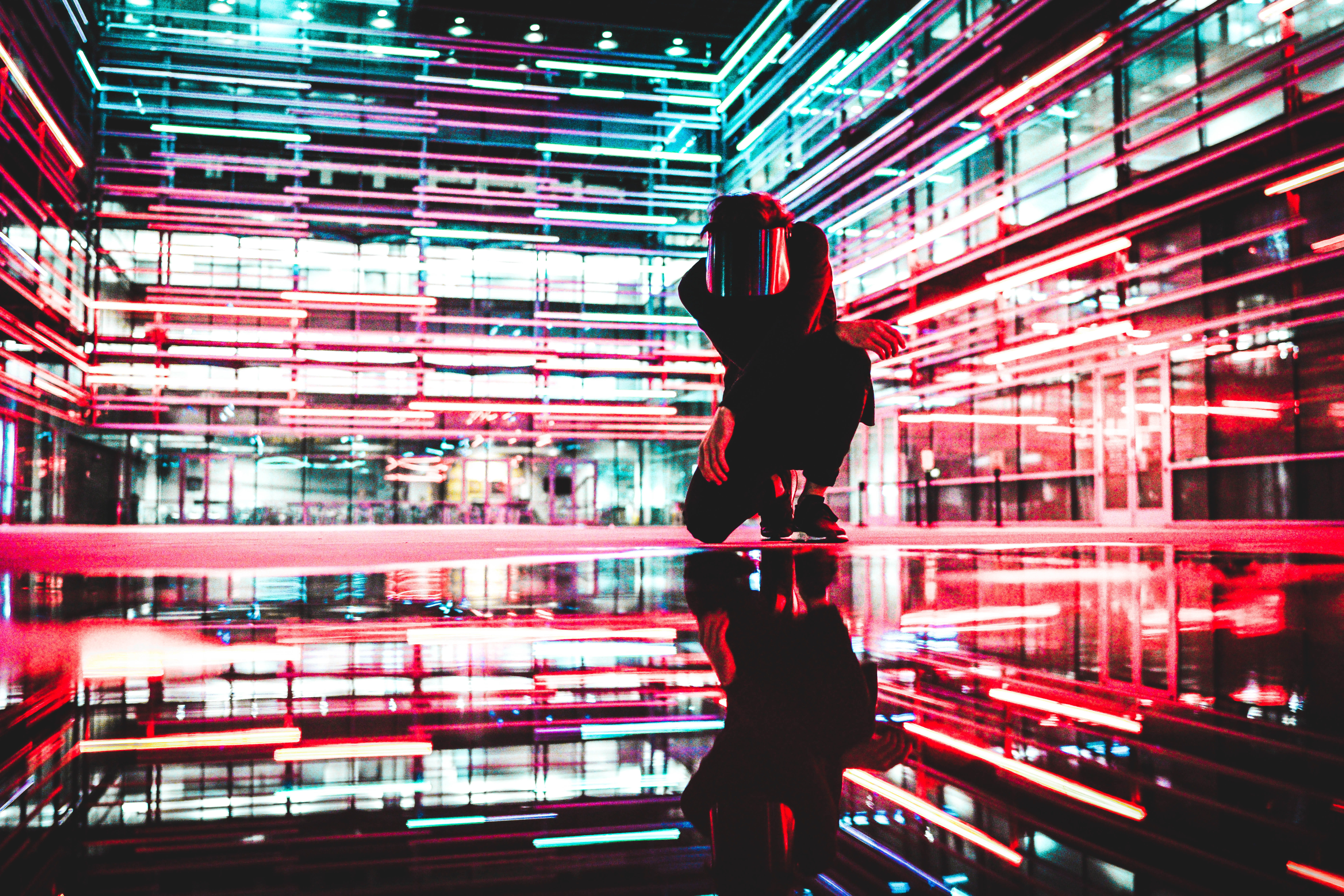 person, pose, illuminated, full length, motion, digital composite, reflection, inside, built structure, leisure activity, red, neon light, silhouette, architecture, HD Wallpaper