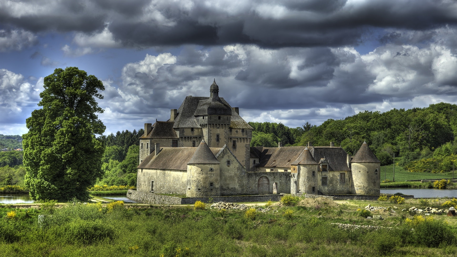 1080P, Clouds, la, River, France, Castle, Sauniere, Trees, HD Wallpaper