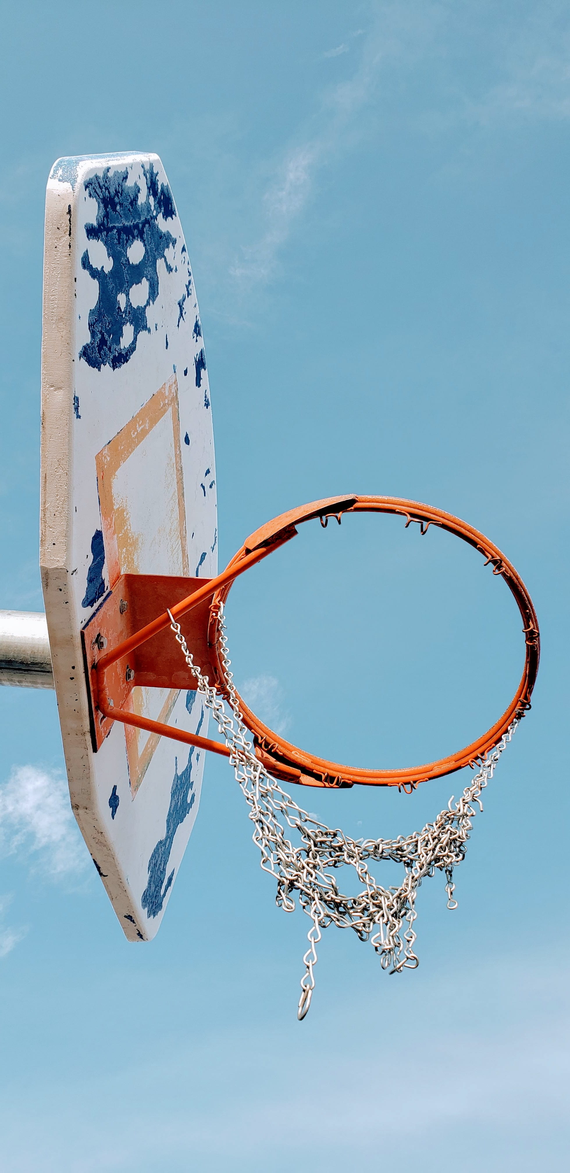 low angle view, snow, no people, sports, blue, day, circle, damaged, hoop, white, basketball hoop, close-up, outdoors, adventure, 4K, nature, coaster, Phone HD Wallpaper