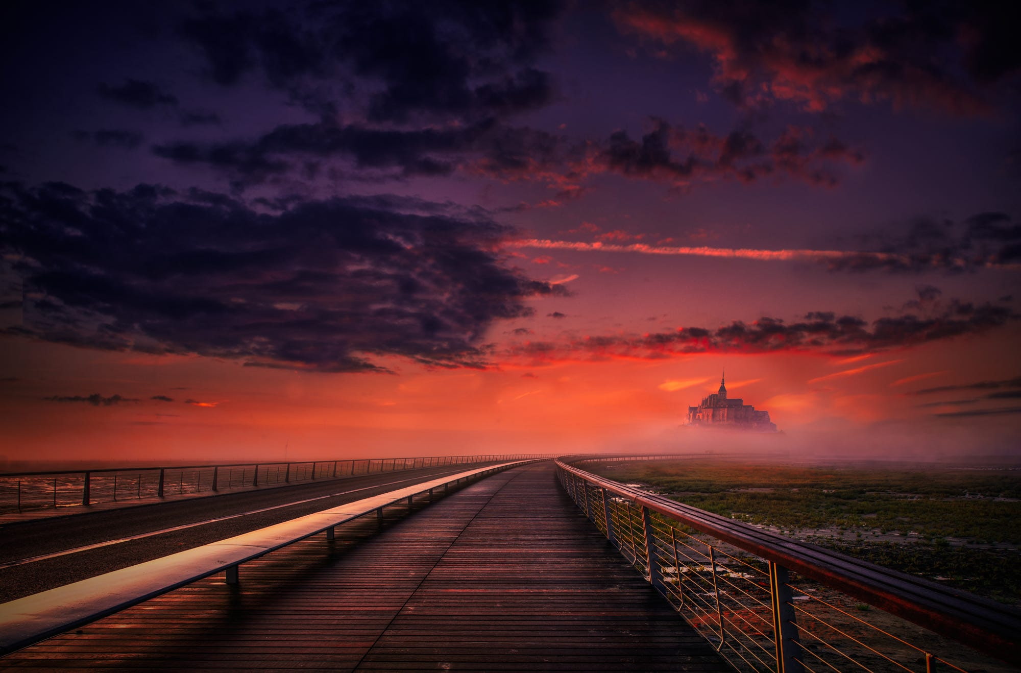 nature, sunset, sea, the way forward, outdoors, castle, water, mist, bridge, travel destinations, sky, connection, beauty in nature, path, built structure, HD Wallpaper
