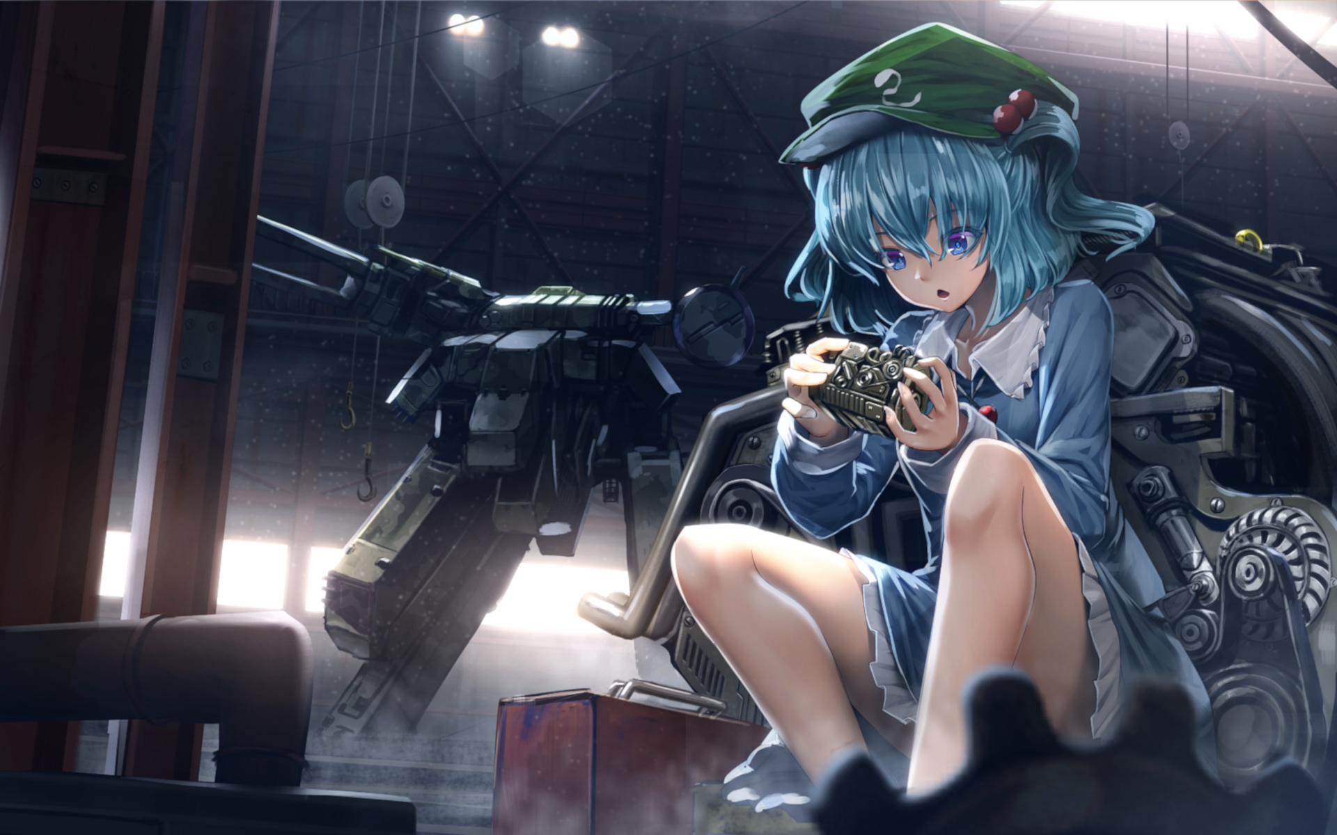 anime girls, adult, sitting, full length, manga, blue hair, young women, 1080P, holding, clothing, leisure activity, real people, lifestyles, one person, HD Wallpaper