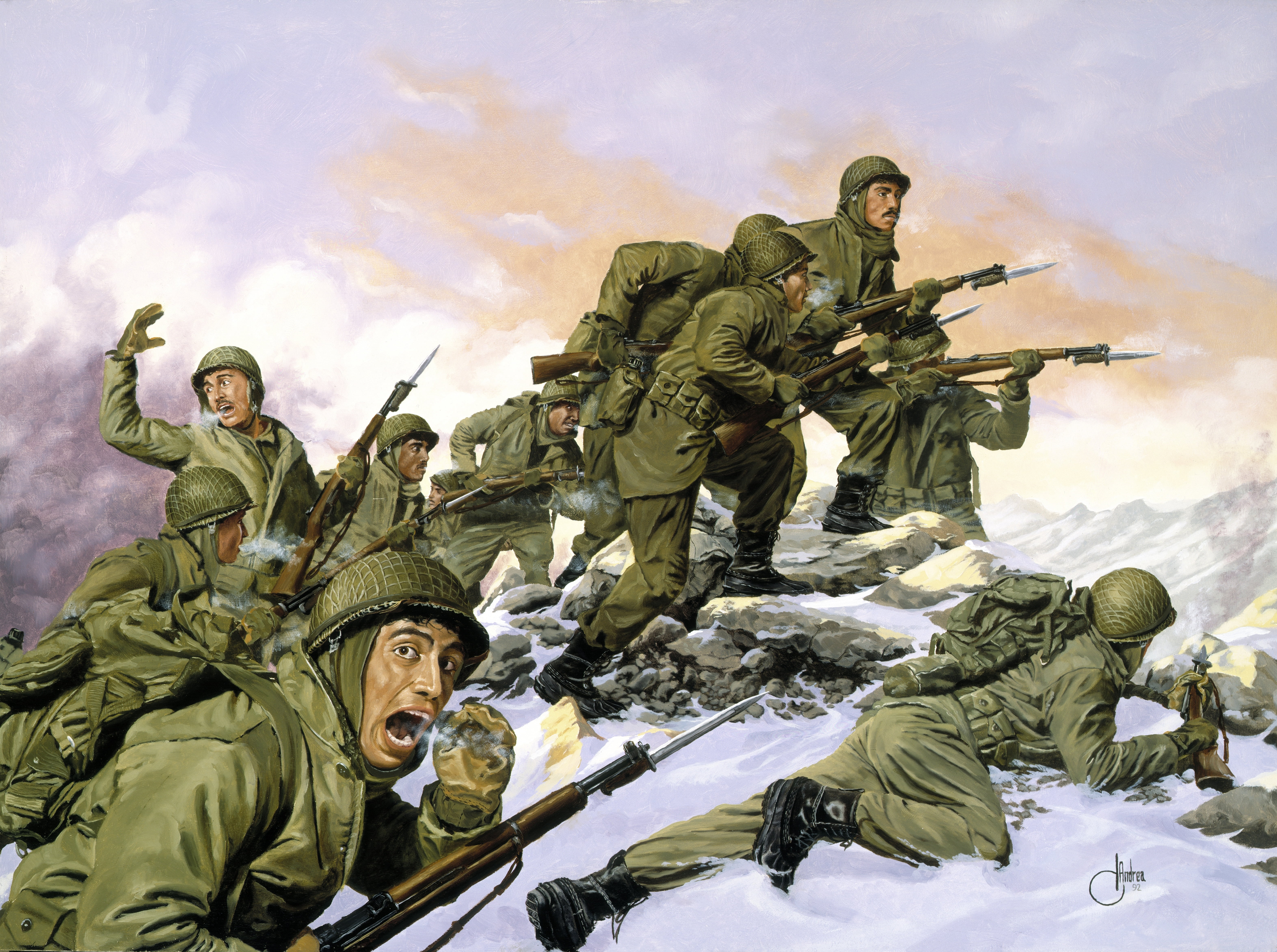 sky, people, hill, Americans, battle, adult, army soldier, cloud - sky, painting, conflict, South Korea, war, weapon, group of people, winter, uniform, HD Wallpaper