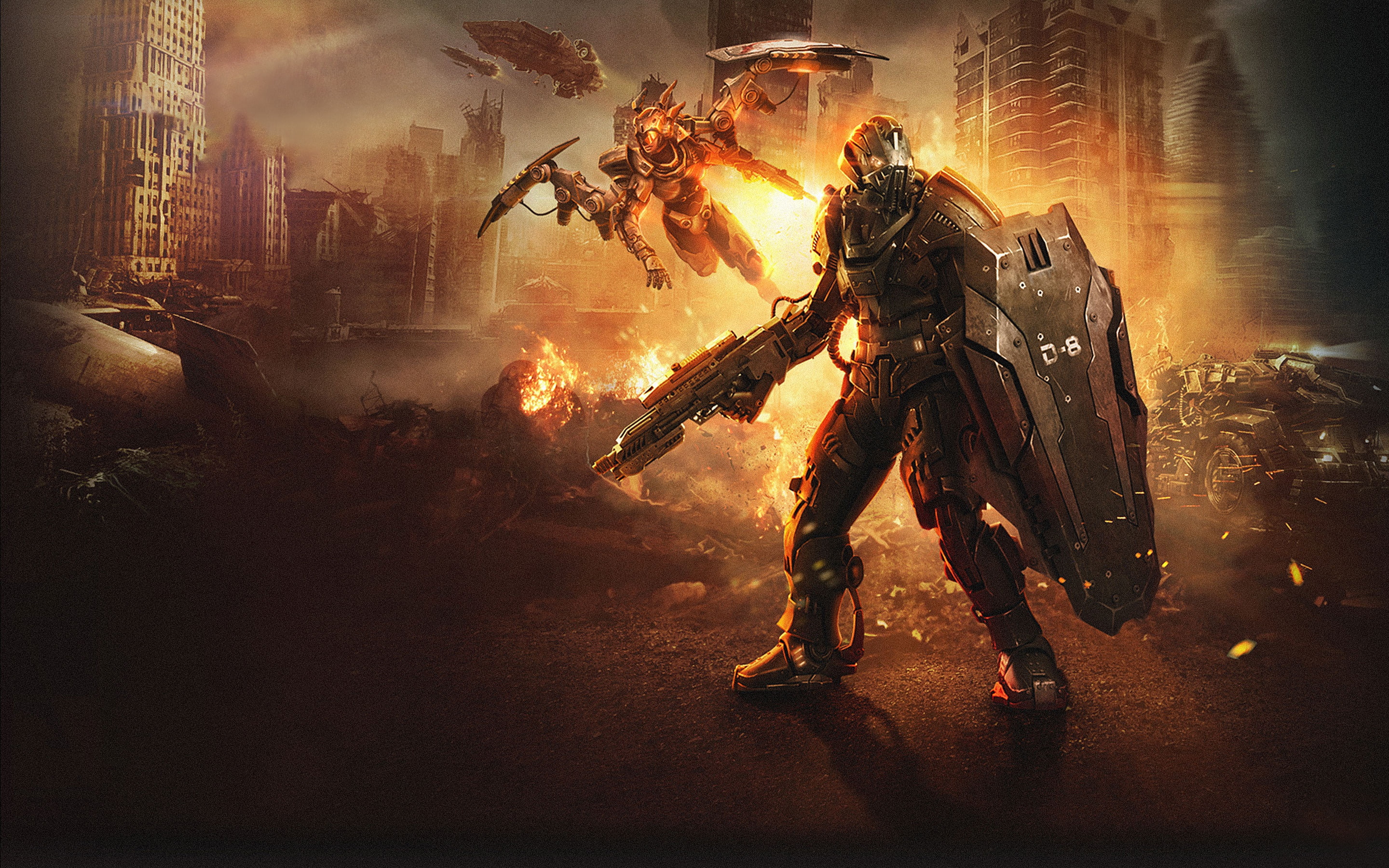 Clouds, Ruins, Heavy armor, Gladiator, War Machine, Valkyrie, The carrier, Plarium, 2K, Mole, The rules of war, Smoke, Fire, Total Domination, HD Wallpaper