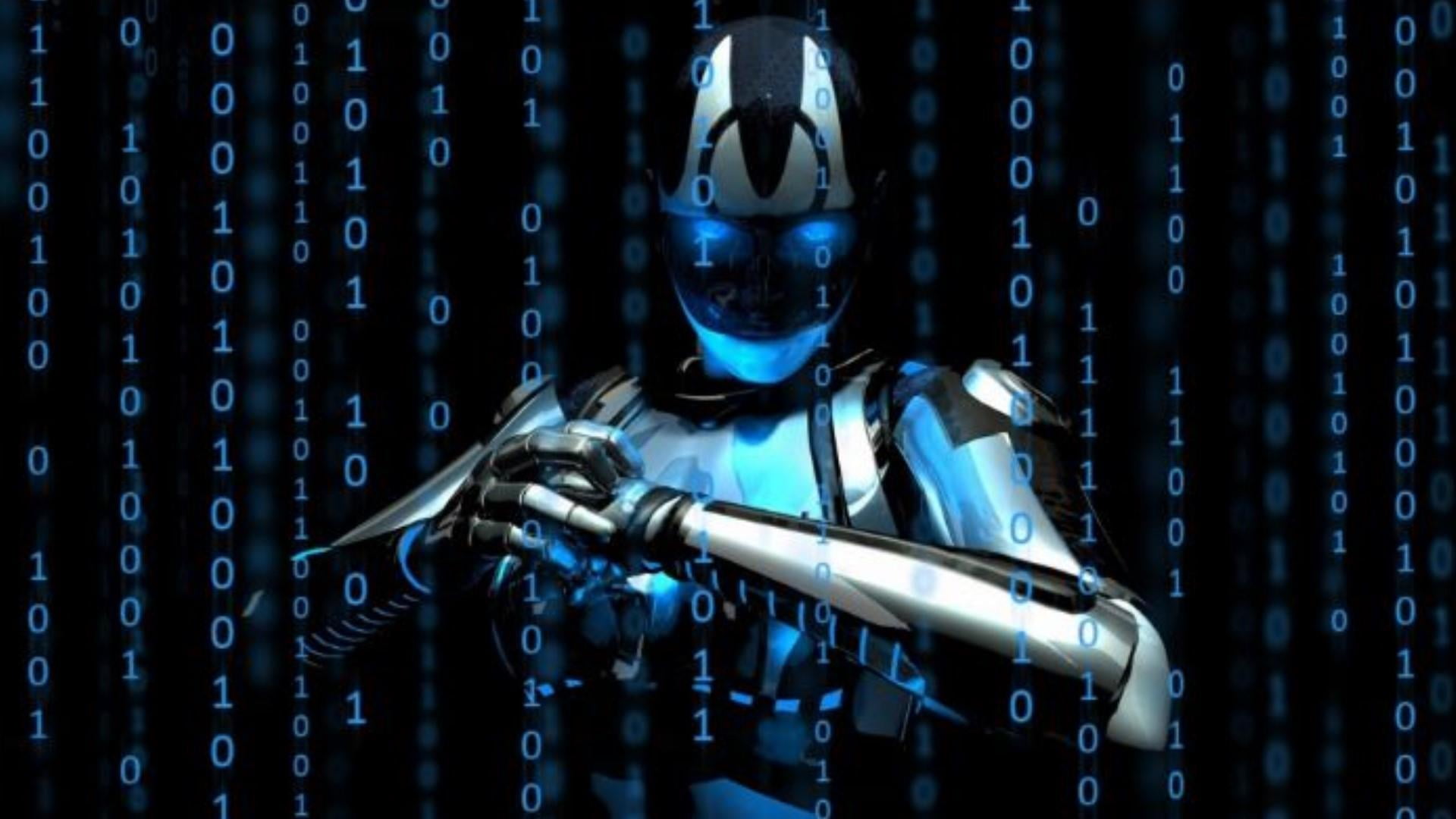 digital, rifle, illuminated, gun, government, 1080P, robot, portrait, blue, mid adult, one person, adult, uniform, weapon, security, technology, matrix, HD Wallpaper