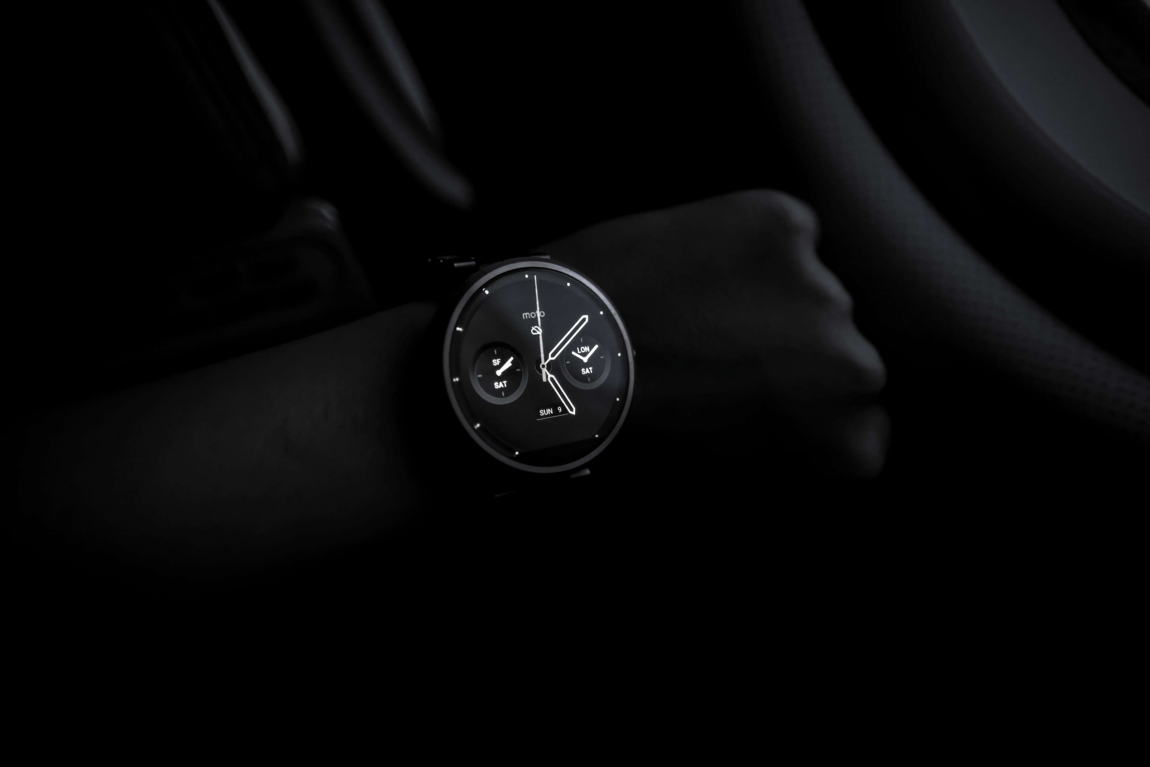 car, close-up, clock, human body part, time, wristwatch, black and white, instrument of time, clock face, car interior, body part, copy space, black background, HD Wallpaper