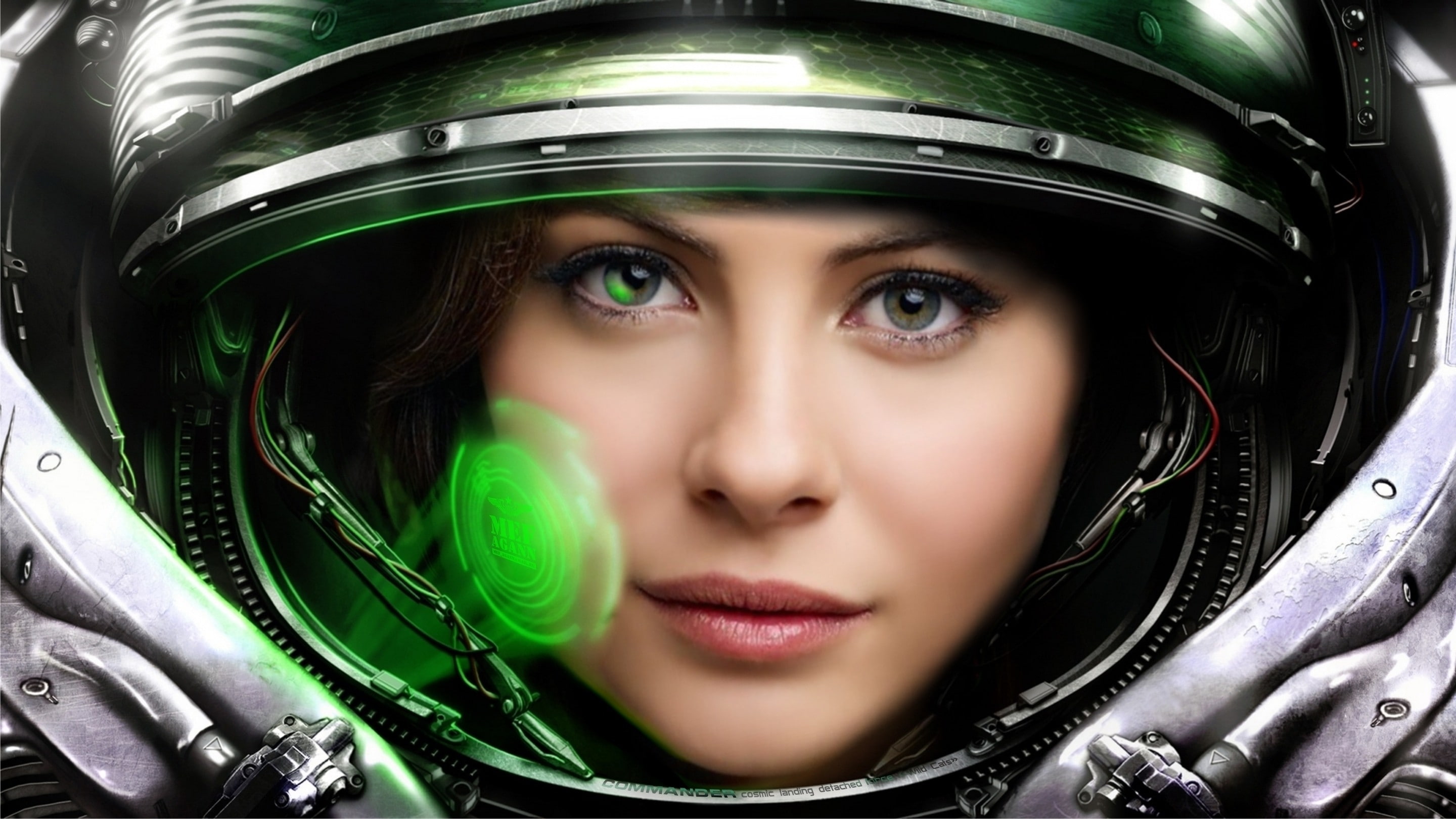astronauts, video, eyes, hd, women, 2K, art, holographic, green, faces, games, starcraft, x, HD Wallpaper