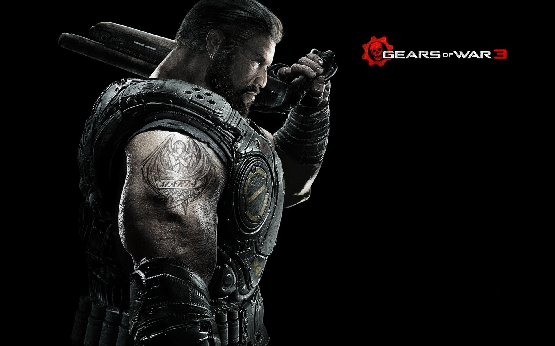 facial hair, adult, side view, indoors, Marcus fenix, men, smoking issues, communication, warning sign, creativity, Tattoo, black background, studio shot, HD Wallpaper