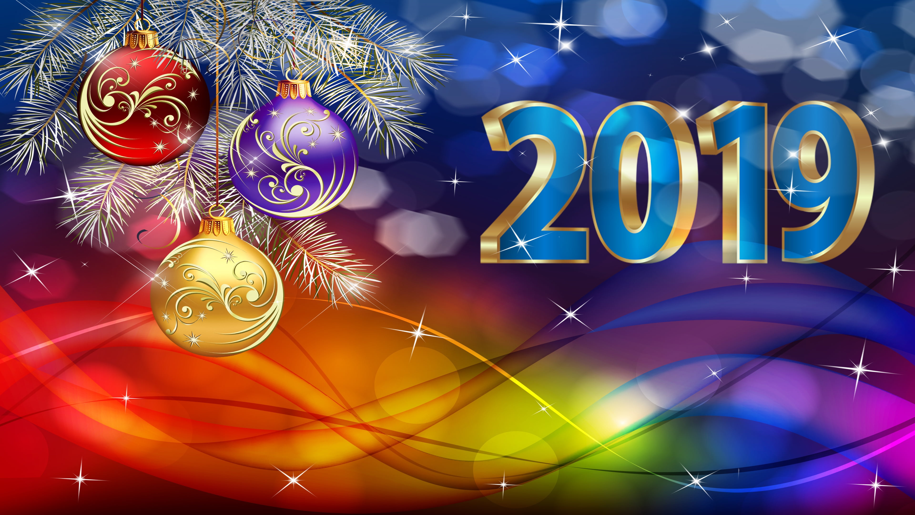 2019, 4K, The tank, 3 balls, spruce branch, Line, background, stars, HD Wallpaper