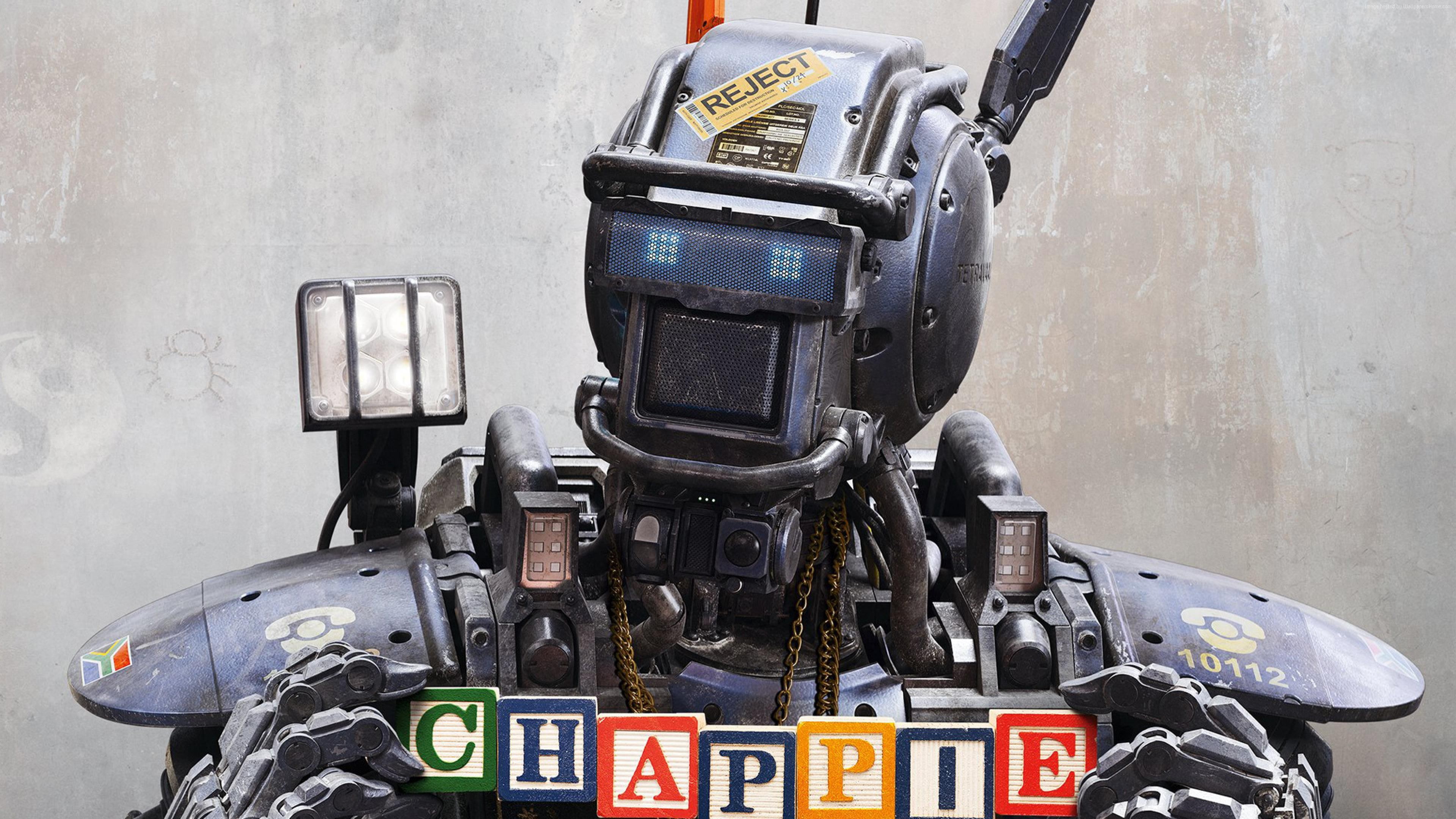 gun, 4K, Chappie, robot, Best Movies of 2015, police, HD Wallpaper