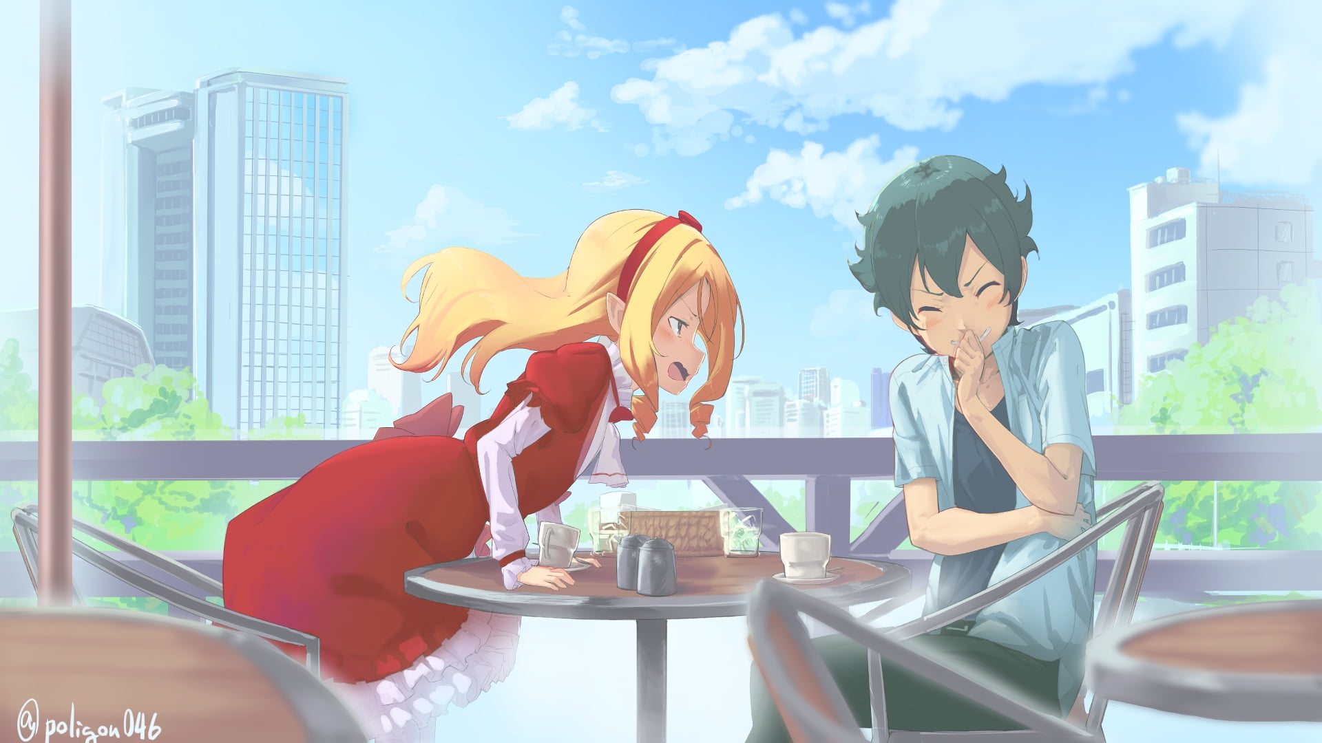 anime, adult, haired, table, young women, yellow, Elf Yamada, nature, Eromanga-sensei, glass, architecture, women, sitting, young adult, city, woman, drink, HD Wallpaper