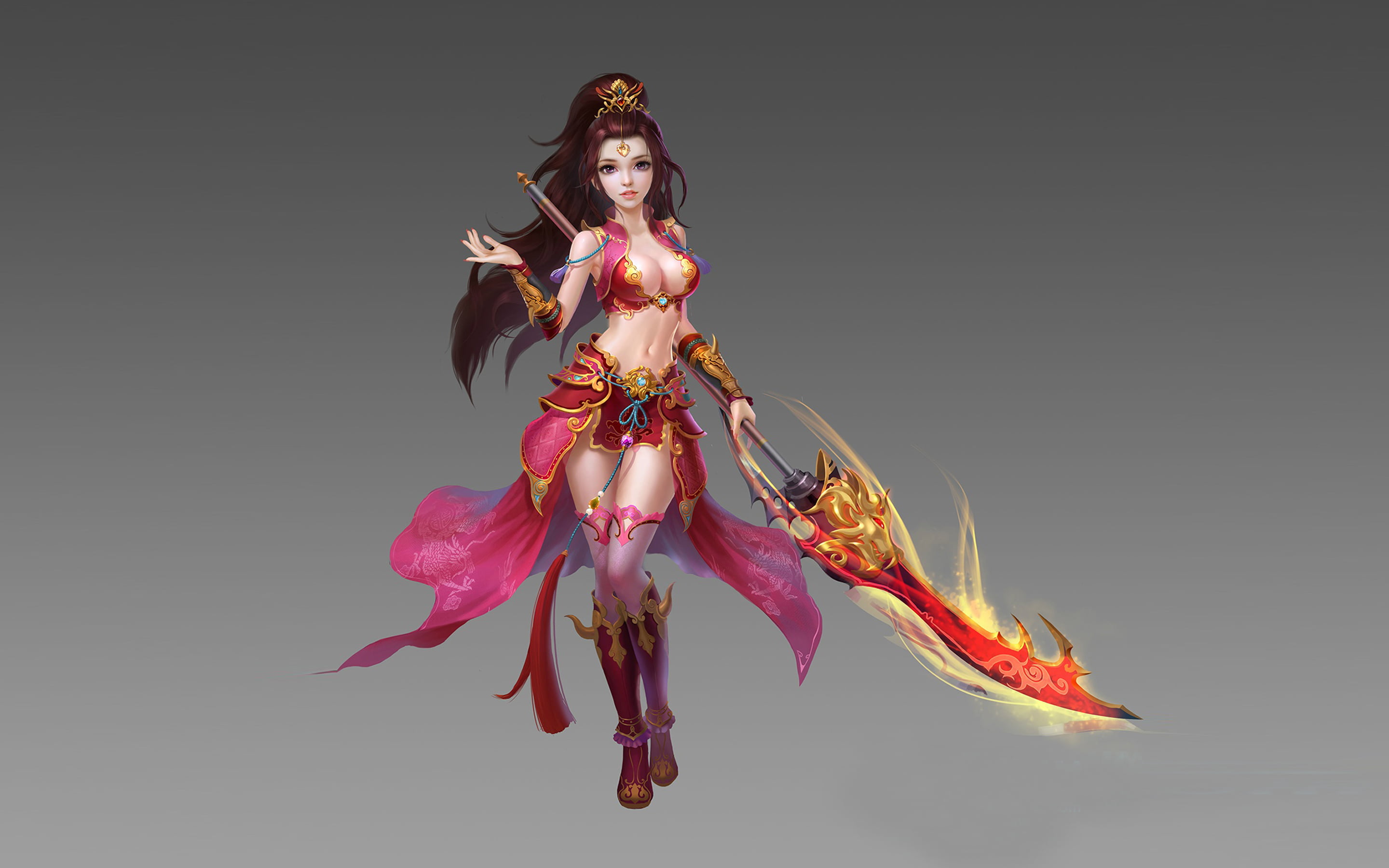 studio shot, sword, human arm, girl, backgrounds, hairstyle, clothing, young women, red, beautiful woman, full length, long hair, warrior, clothes, copy space, HD Wallpaper