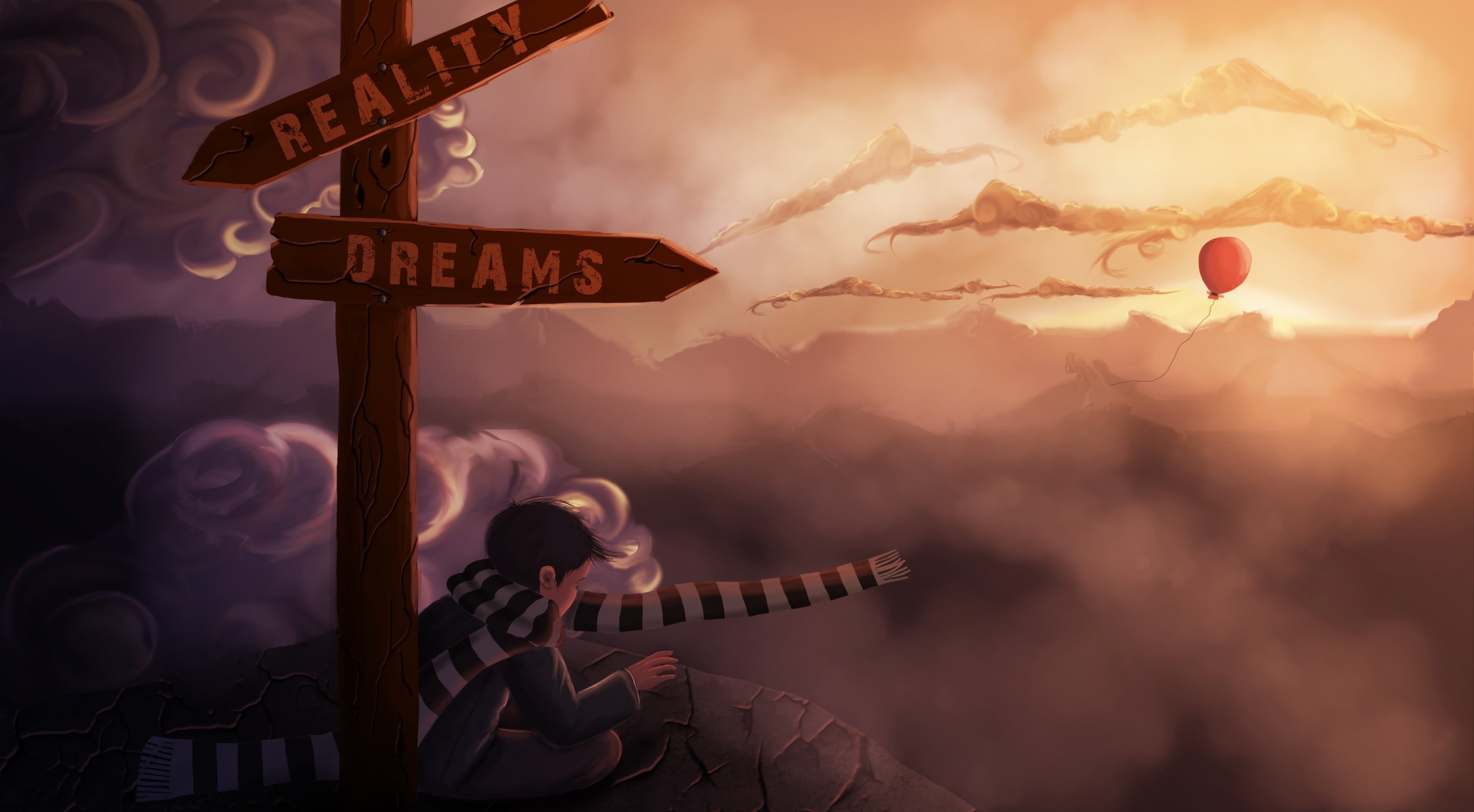 clouds, dreams, index, scarf, stones, 2K, rocks, reality, a balloon, art, choice, HD Wallpaper