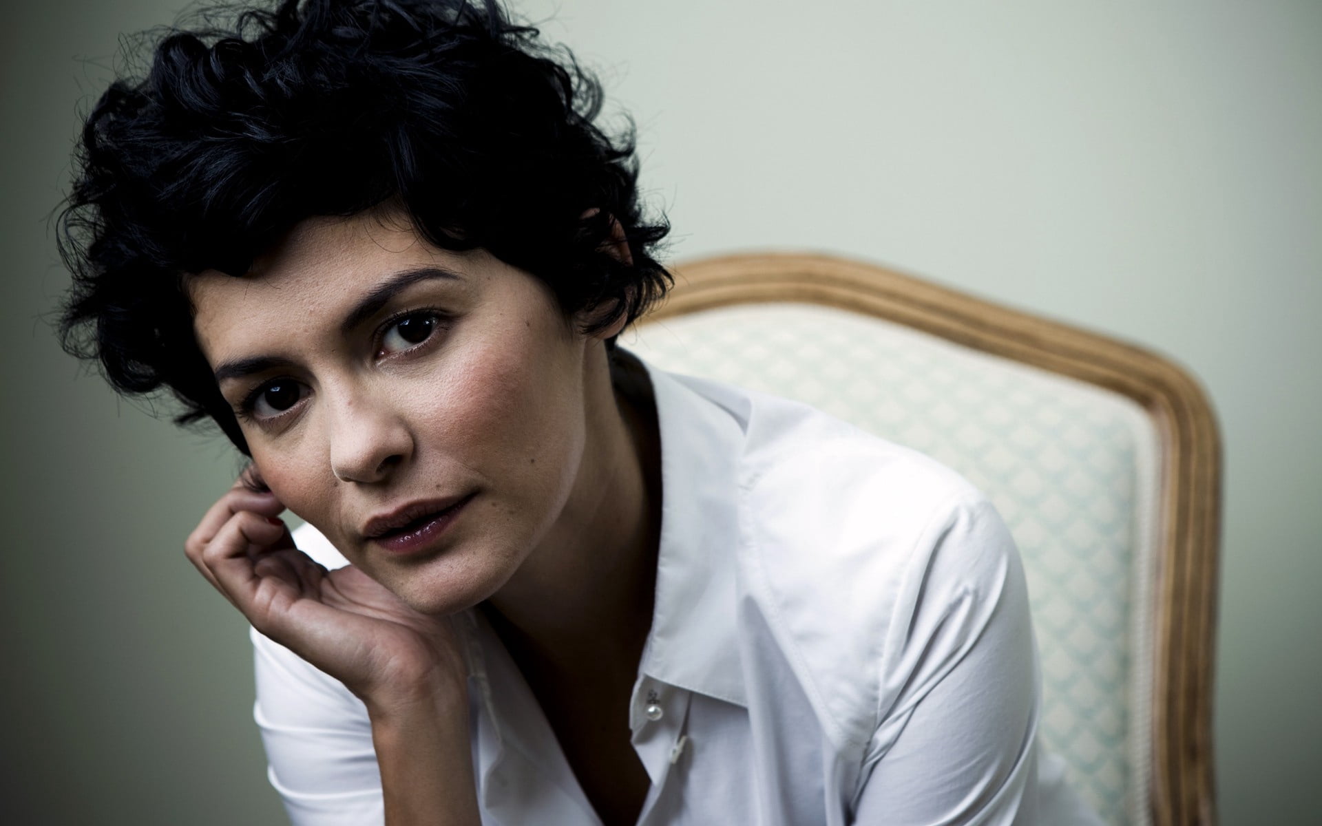 headshot, actress, shirt, studio shot, white, women, girl, brunette, contemplation, one person, looking at camera, telephone, portrait, healthcare and medicine, HD Wallpaper