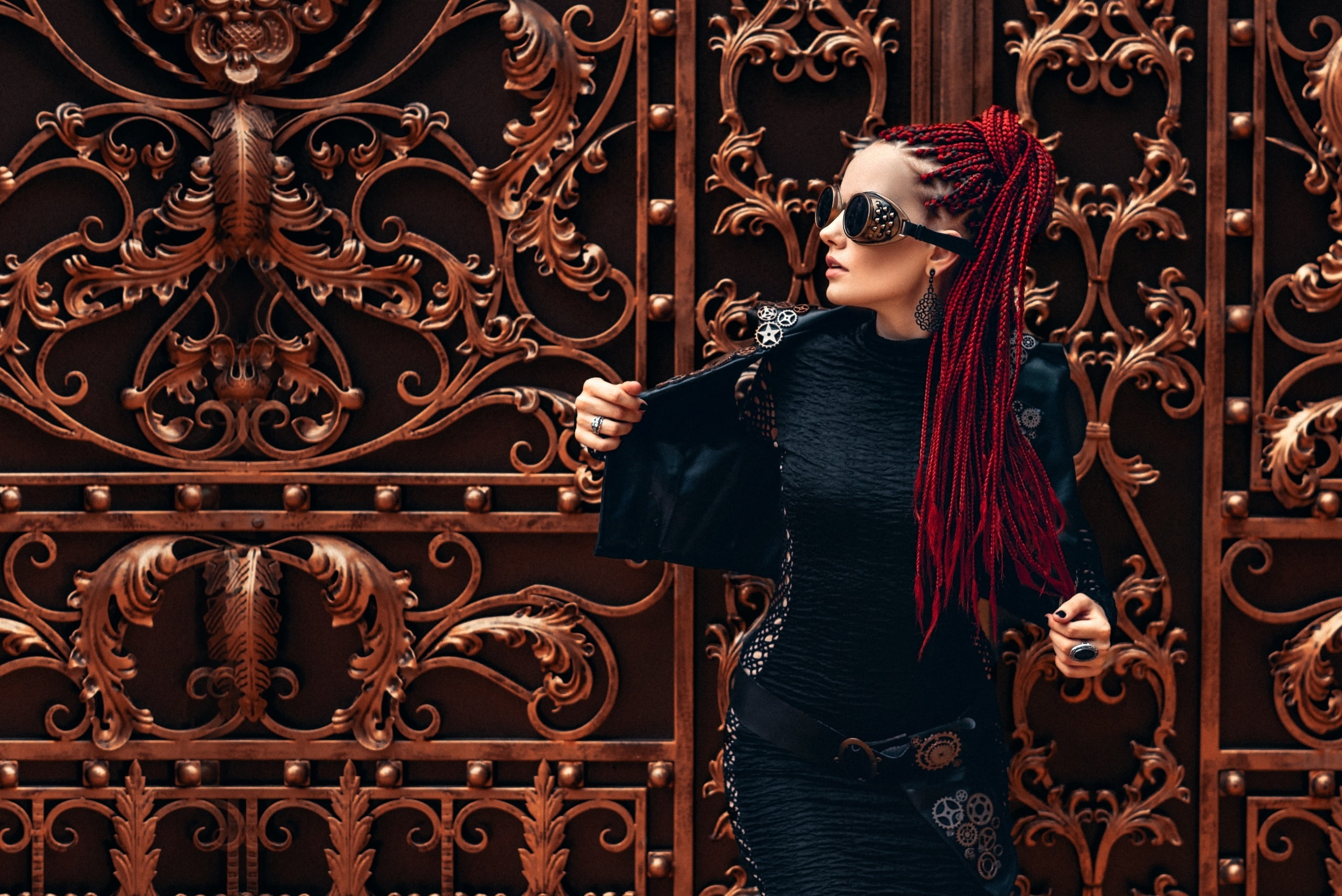 lifestyles, young adult, goggles, pattern, jacket, jewelry, standing, fashion, metal, Braided hair, indoors, real people, model, front view, black nails, HD Wallpaper