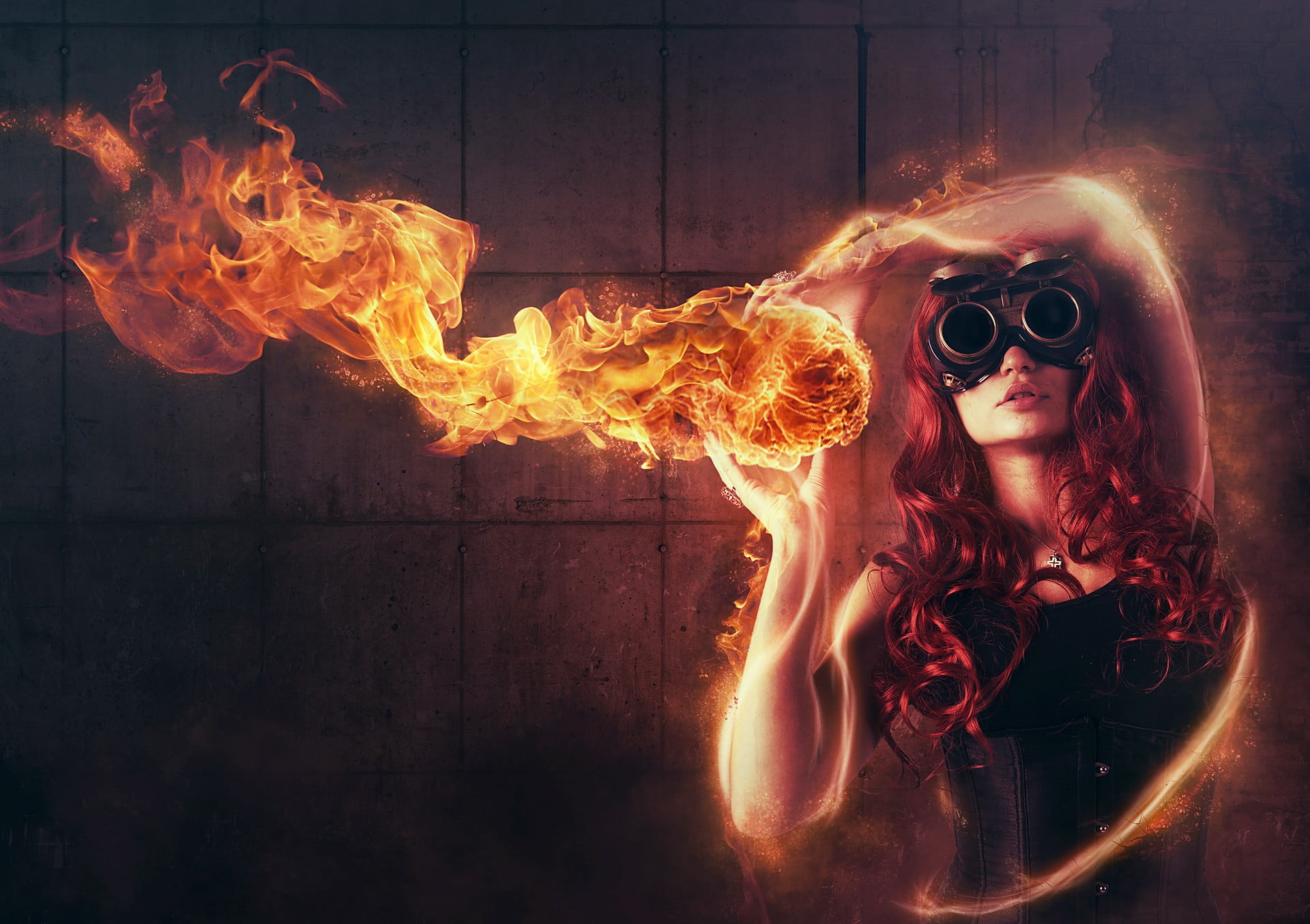 hairstyle, real people, women, sunglasses, beautiful woman, fire - natural phenomenon, dark, redhead, necklace, fashion, adult, burning, fire, 1080P, flame, HD Wallpaper