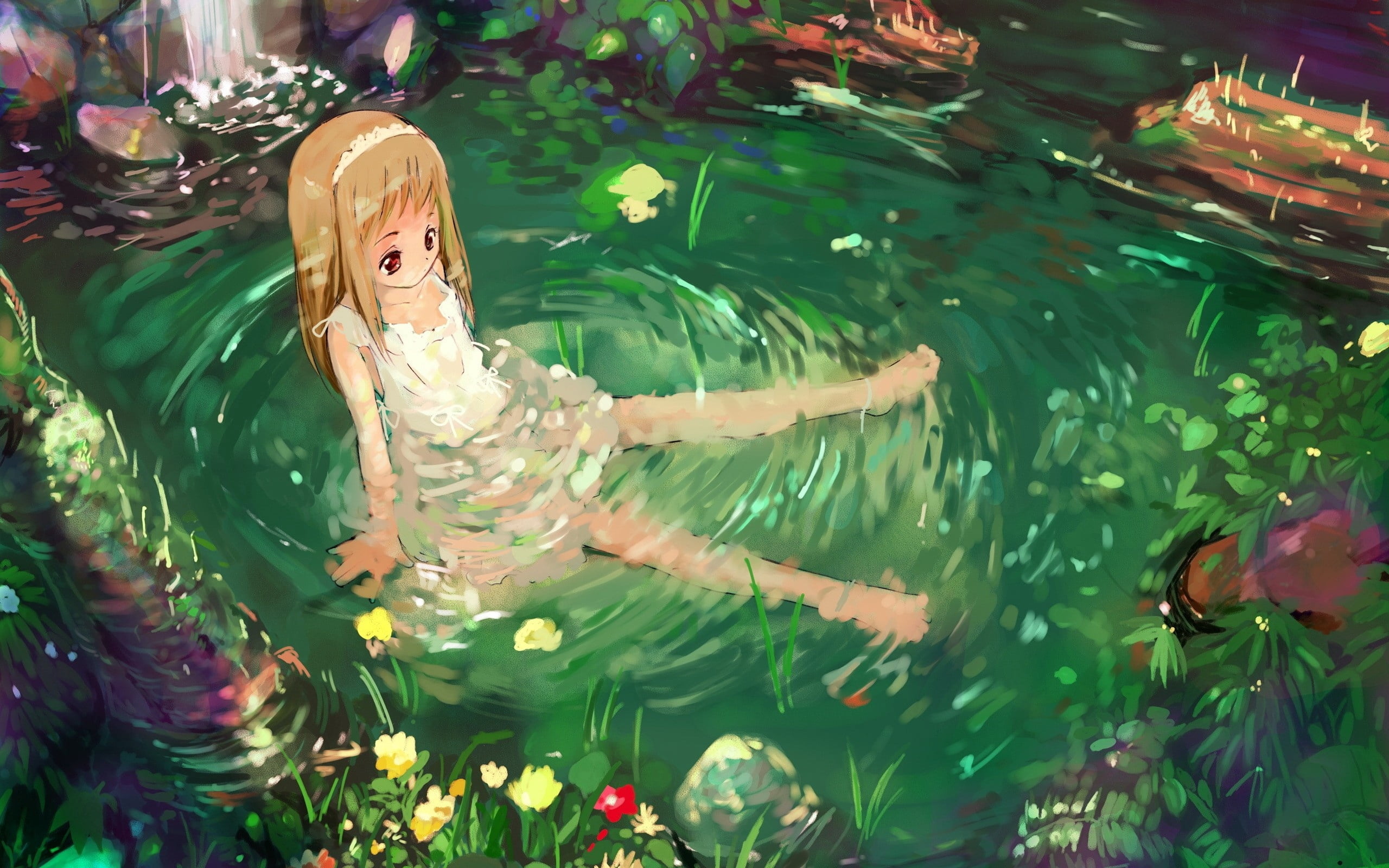 water, women, outdoors, animals in the wild, no people, anime, tree, image, underwater, people, human representation, smiling, nature, plant, computer Graphic, HD Wallpaper