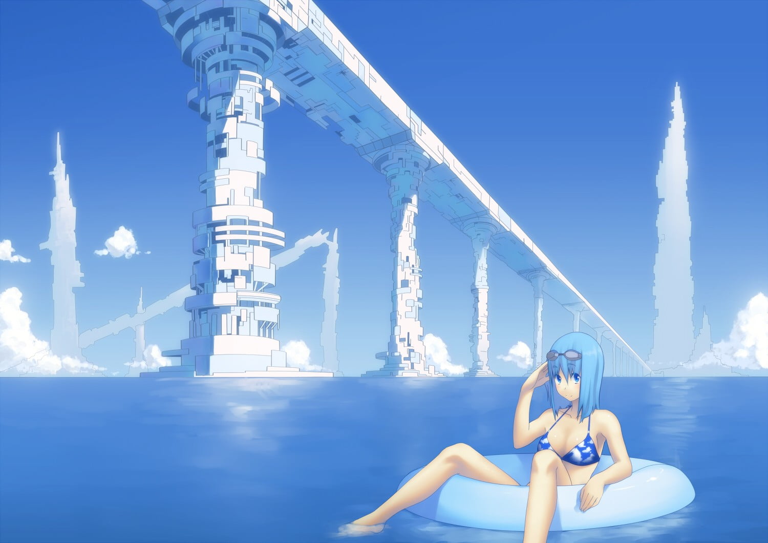 young adult, 720P, real people, swimming pool, day, blue hair, water, one person, outdoors, goggles, sea, original characters, sunlight, bridge, relaxation, HD Wallpaper