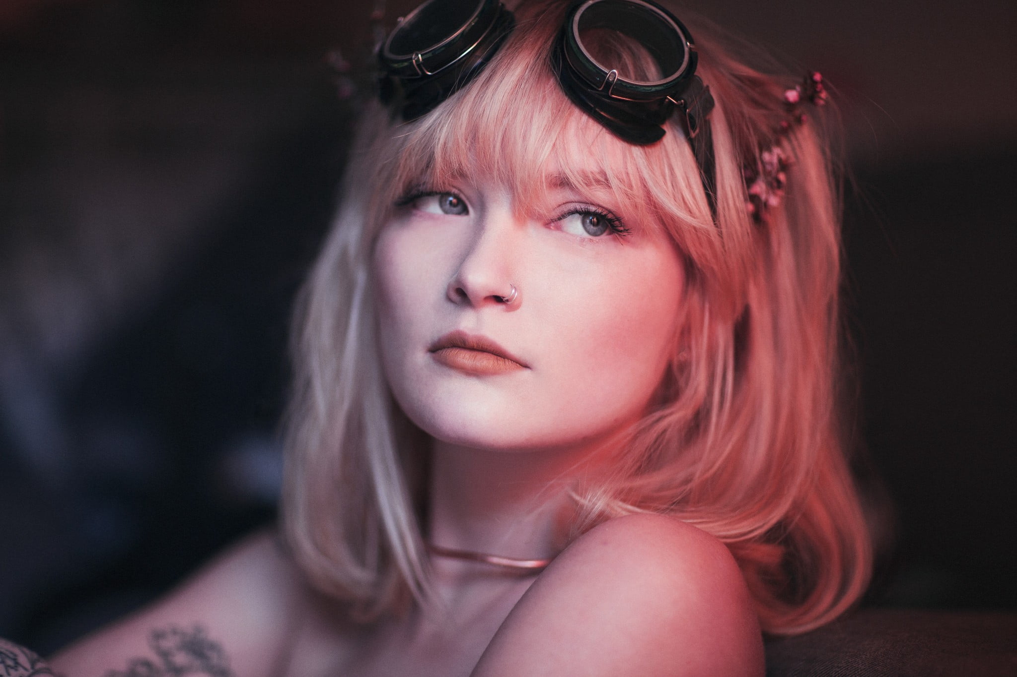 nose rings, adult, 1080P, women, one person, beautiful people, fashion, long hair, portrait, tattoo, blue eyes, hair, steampunk, goggles, close-up, blond hair, HD Wallpaper