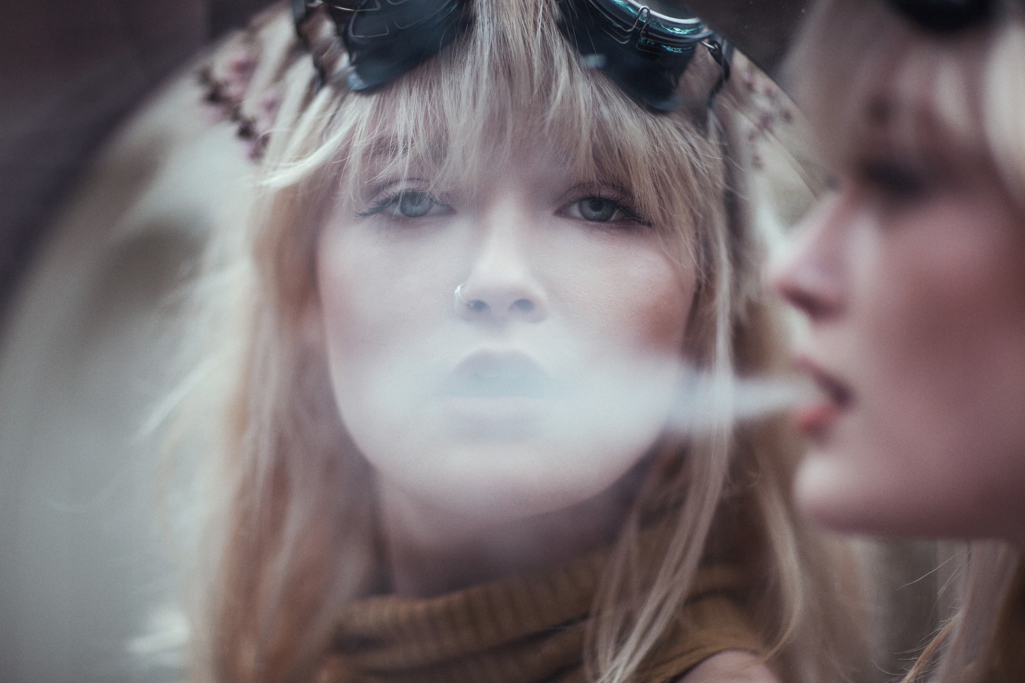 smoking, looking at viewer, blonde, smoke, steampunk, goggles, blue eyes, reflection, mirror, 1080P, Ruby James, Caucasian, women, nose rings, pierced, HD Wallpaper
