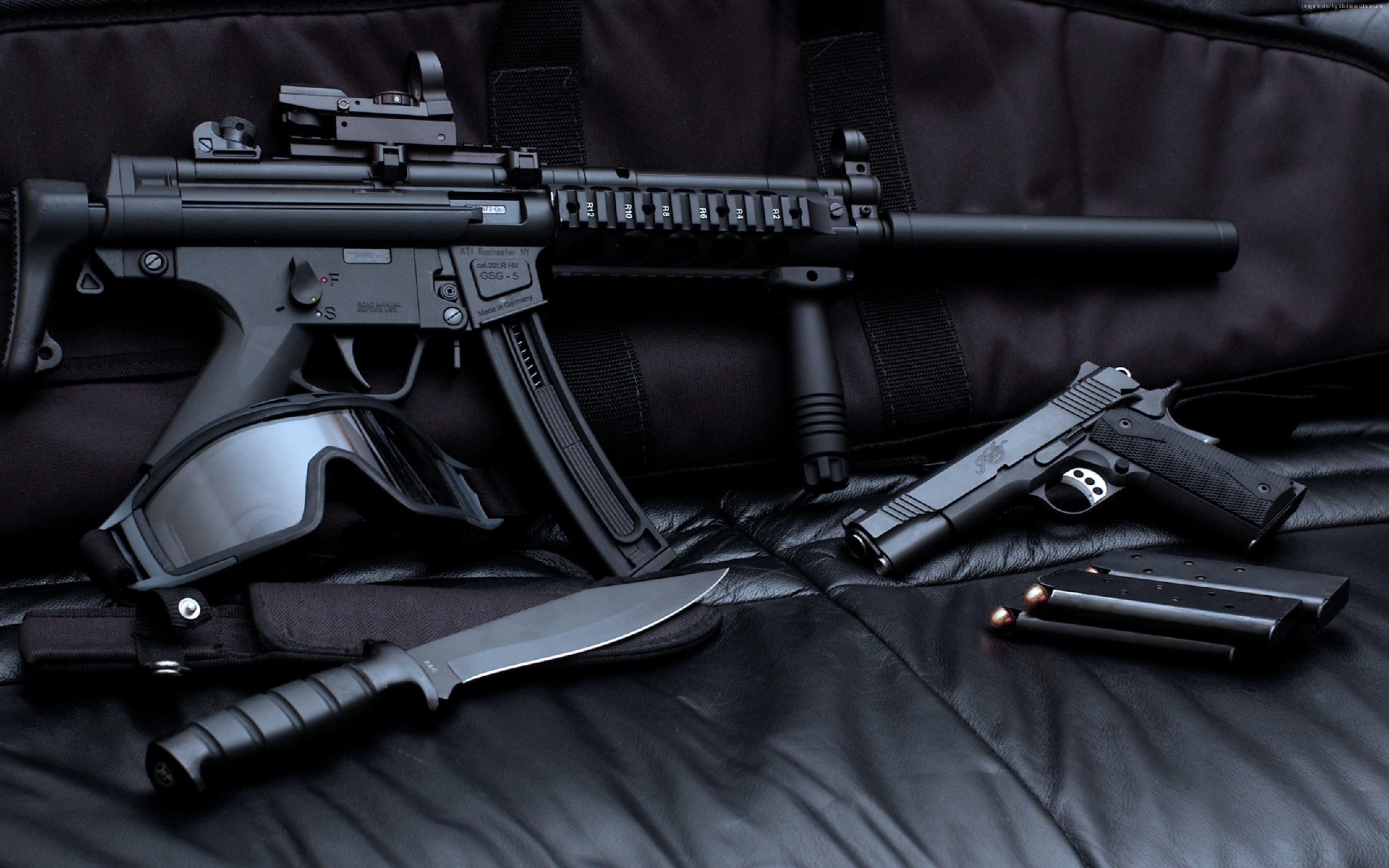 4K, Gsg 5, knife, TACTICAL GOGGLES, M1911, HD Wallpaper