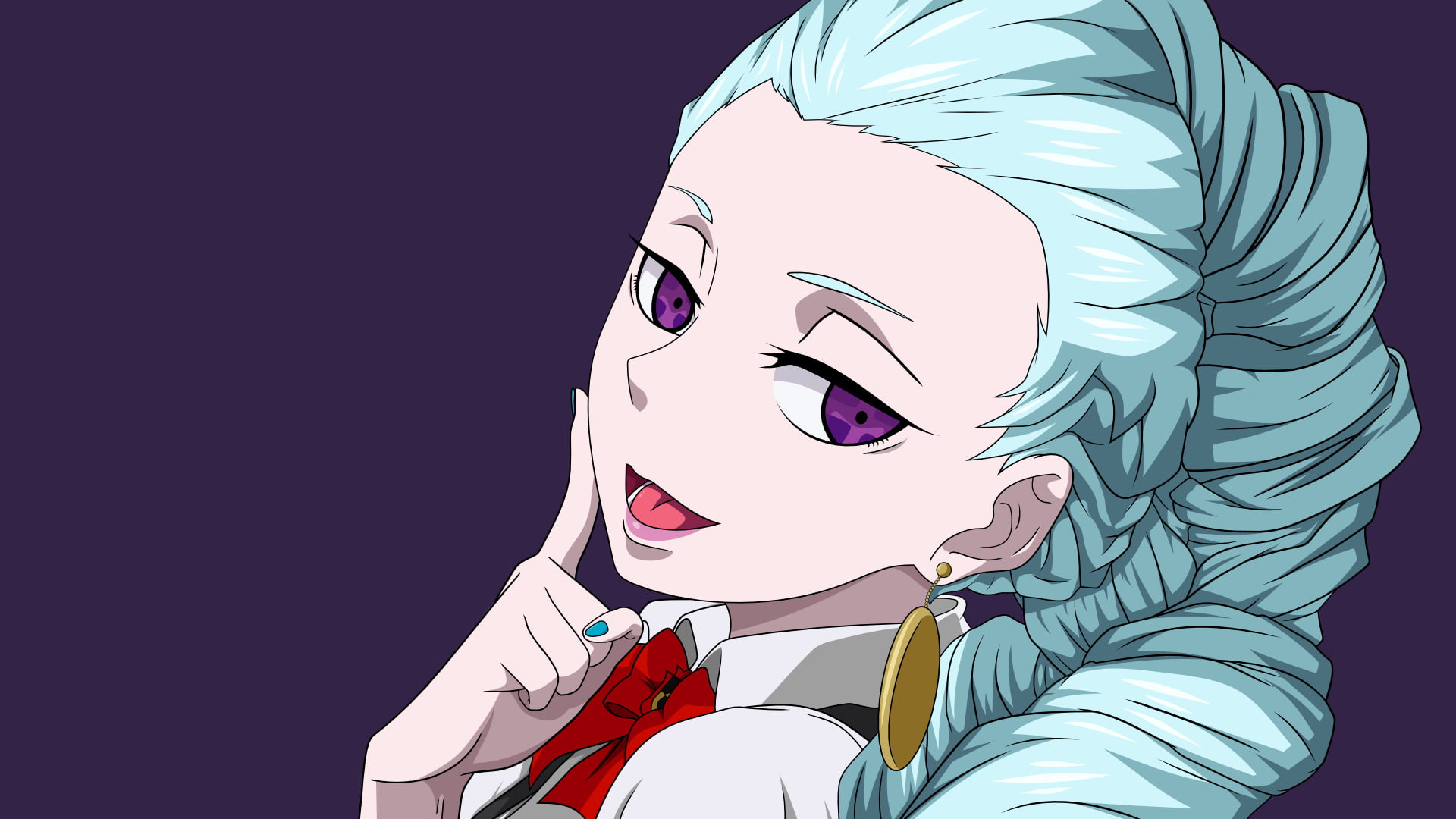 Smile, Earrings, Purple Eyes, 1080P, Aqua Hair, Anime, Death Parade, Girl, Tongue, Braid, Nona (Death Parade), HD Wallpaper