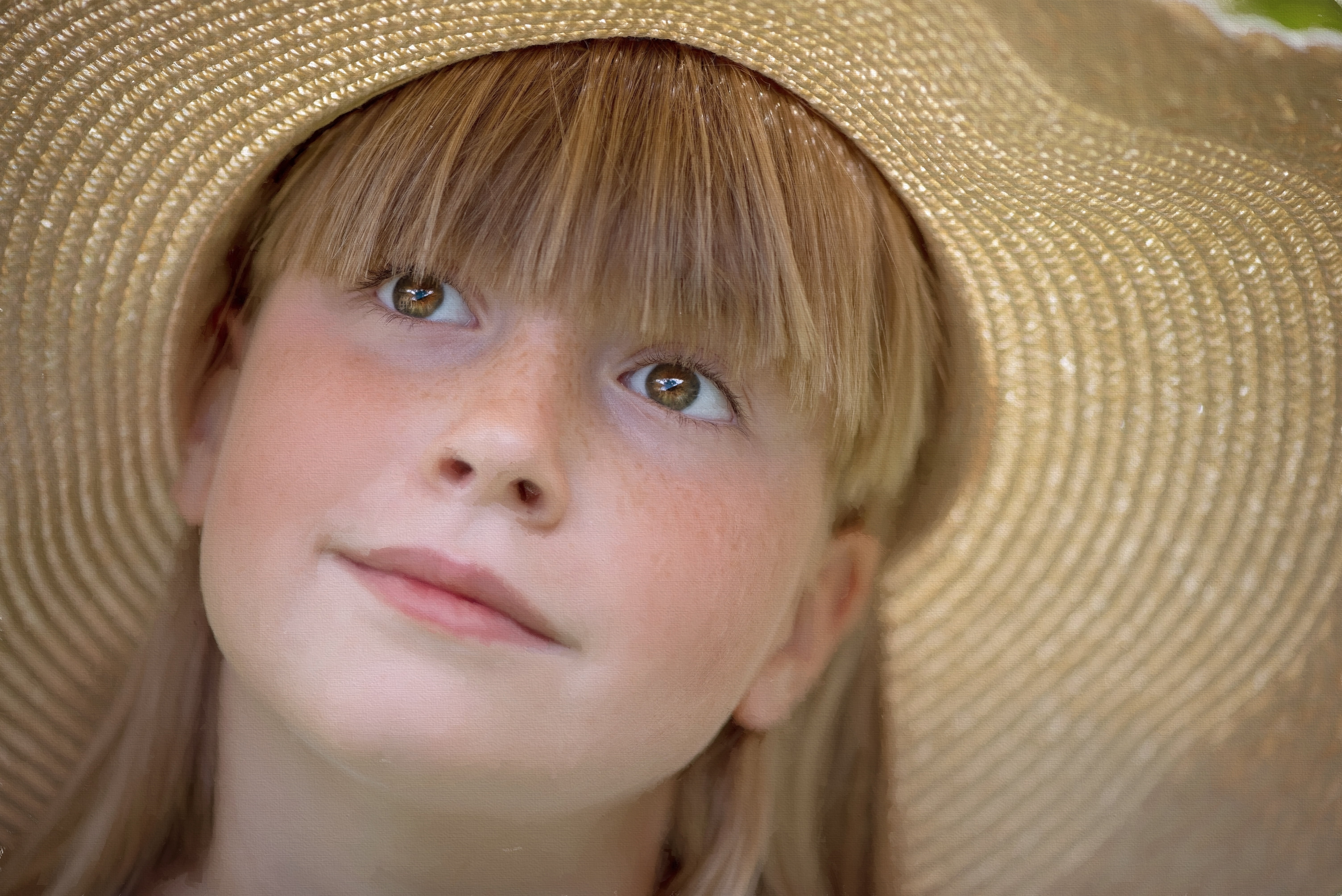 innocence, image, pressure, freckle, 5K, close-up, indoors, looking at camera, bangs, one person, clothing, smiling, contemplation, portrait, headshot, HD Wallpaper