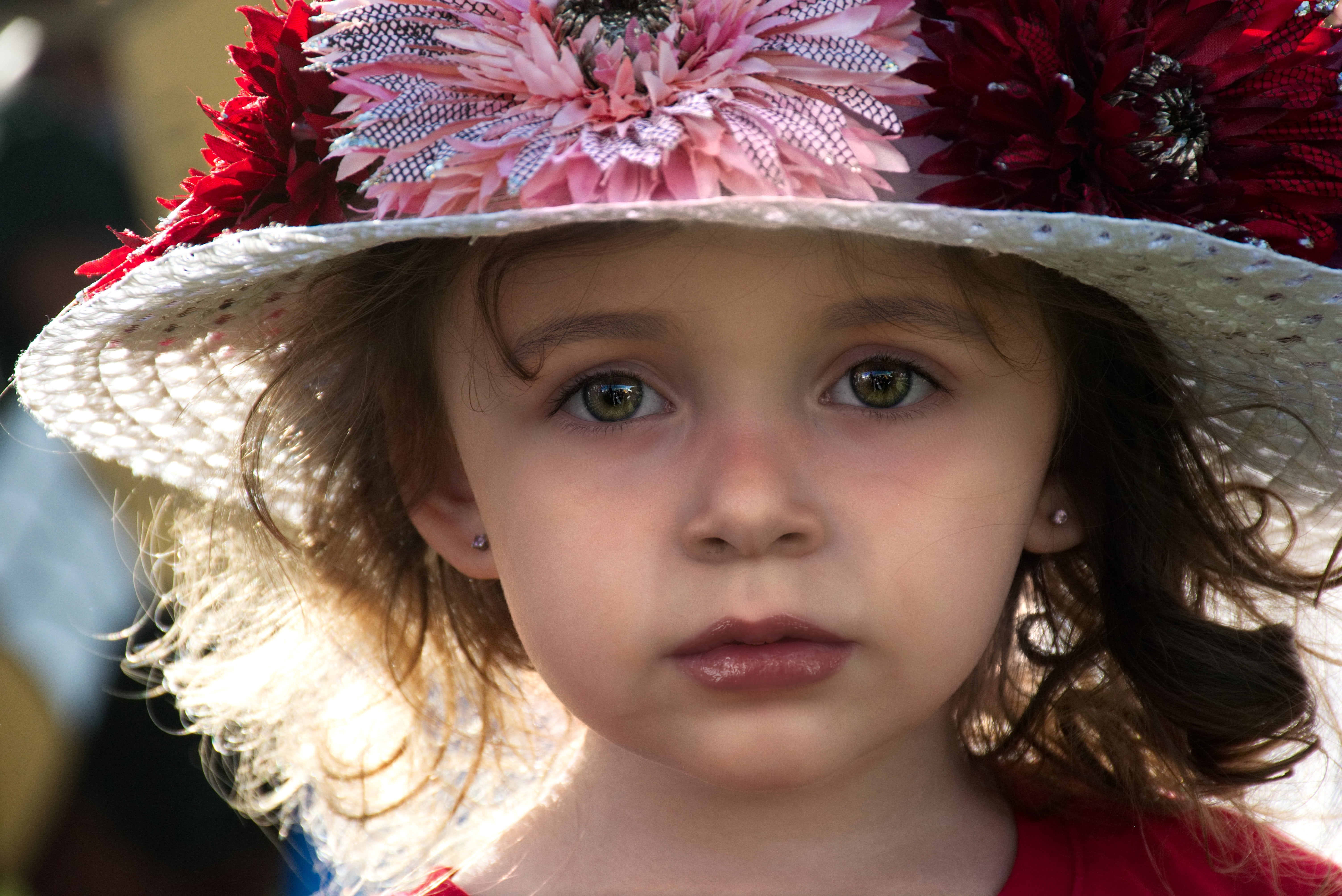 front view, wearing, females, hat, hairstyle, sunhat, portrait, one girl only, derby, childhood, accent, flower, summer, crown, clothing, white, one person, HD Wallpaper