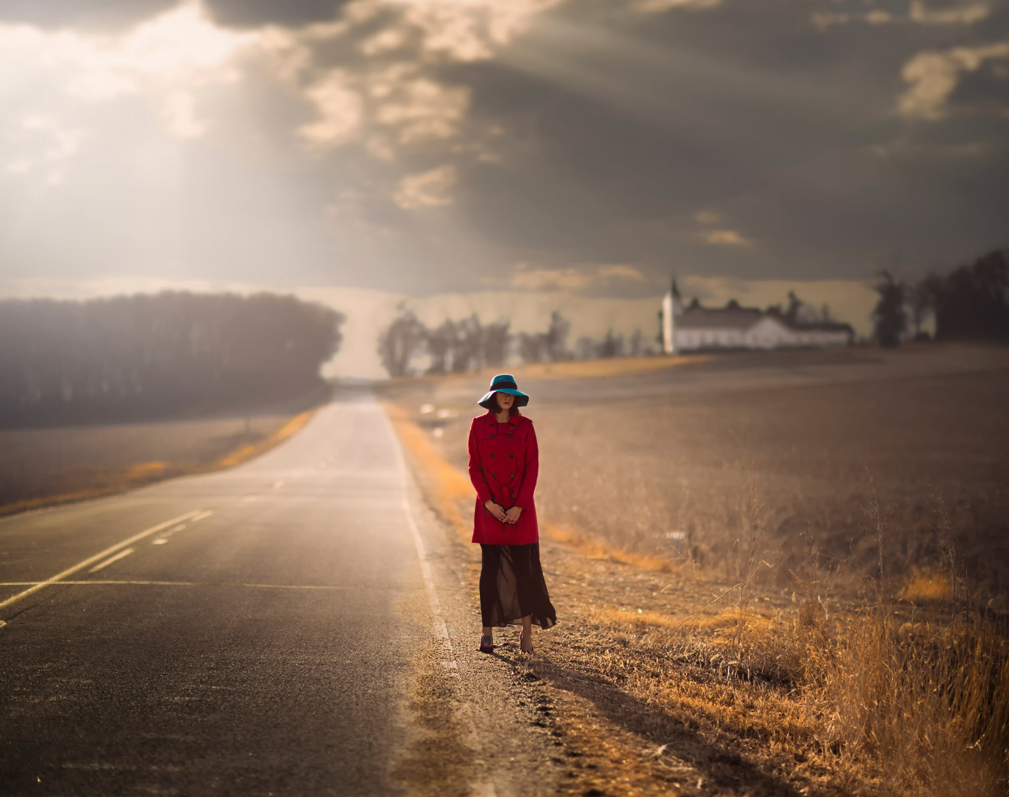 girl, full length, winter, hood - clothing, 1080P, sunhat, road, rear view, waiting, warm clothing, the way forward, hat, adult, cloud - sky, walking, HD Wallpaper