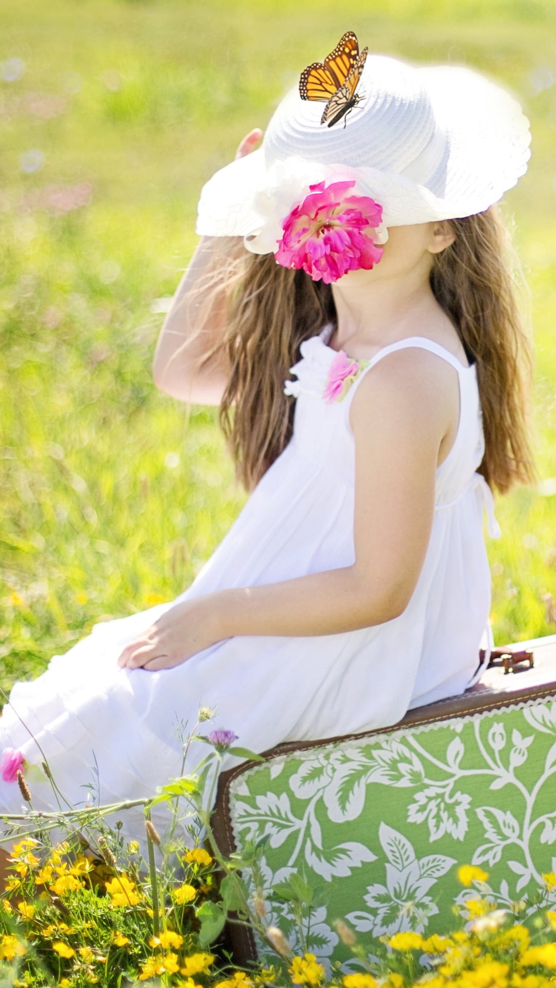 people, flower, Baby, white, 1080P, hairstyle, nature, positive emotion, dress, girl, field, leisure activity, clothing, women, s, outdoors, day, flowering plant, Phone HD Wallpaper
