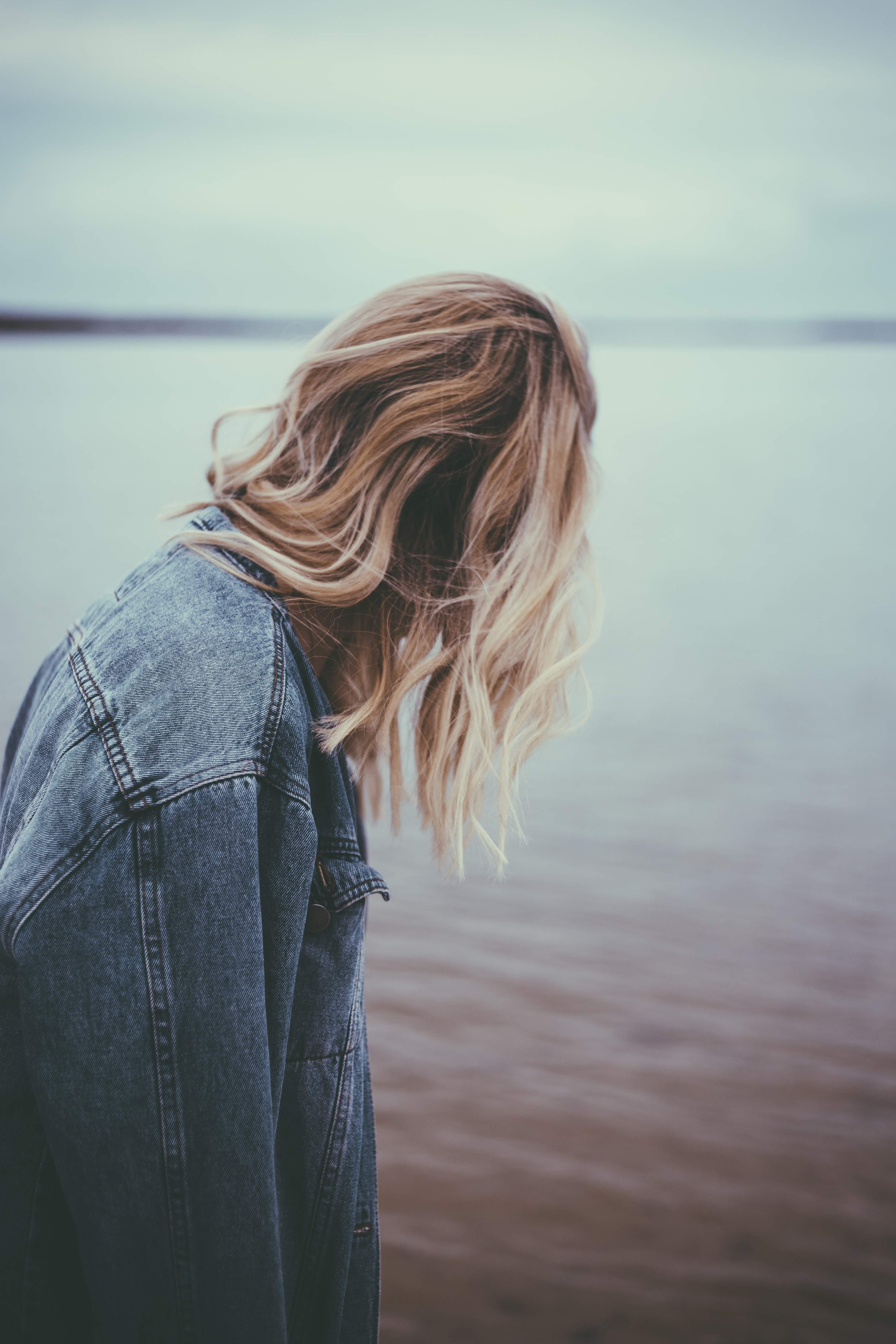 looking, beauty In Nature, adult, denim wear, women, jacket, freedom, relaxation, denim, lifestyles, lake, day, nature, solitude, 4K, one Person, looking down, Phone HD Wallpaper