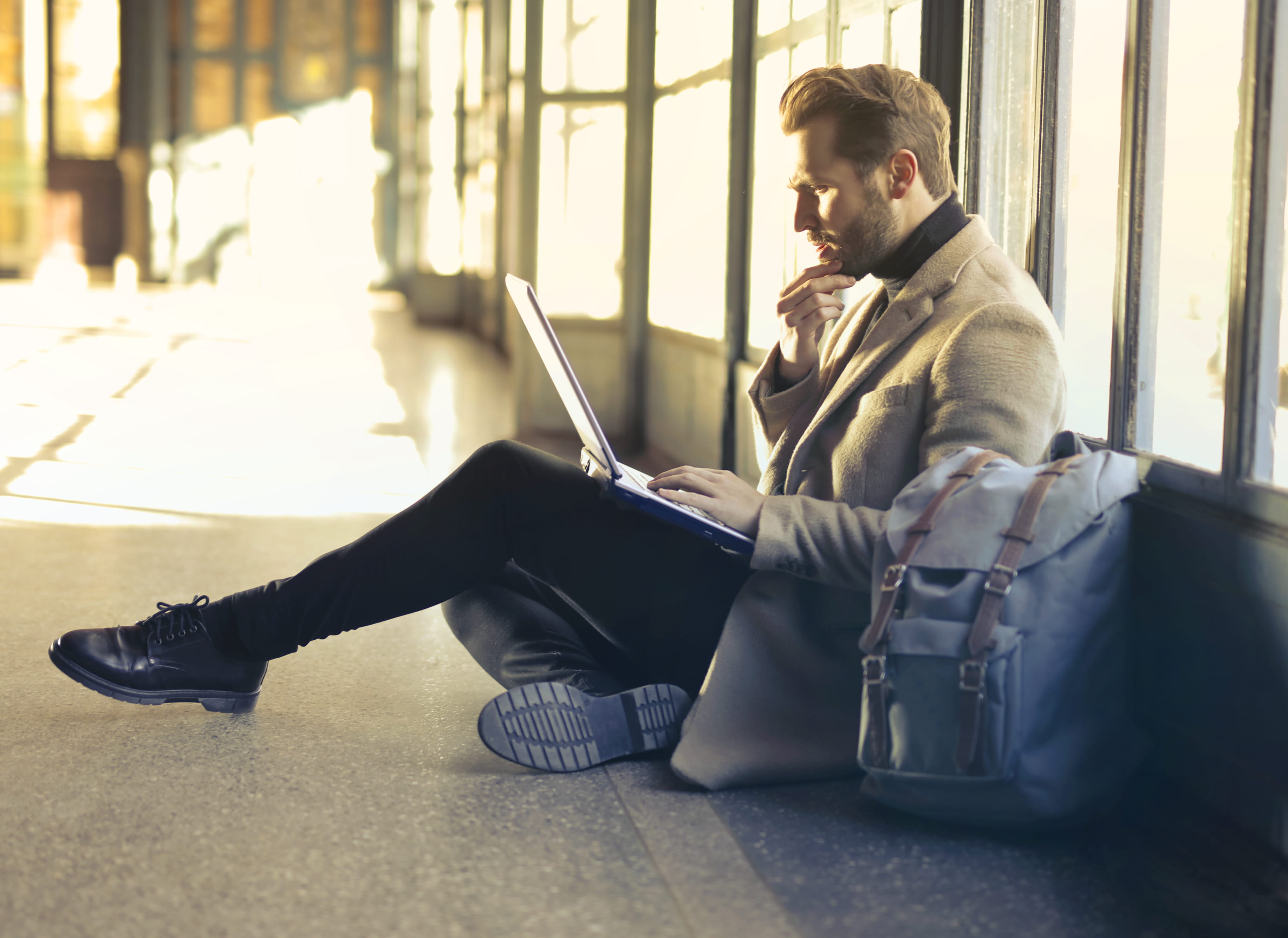 windows, coat, haired, fashion, indoor, sunlight, lifestyles, guy, airport, digital nomad, male, technology, full length, wireless technology, casual clothing, HD Wallpaper
