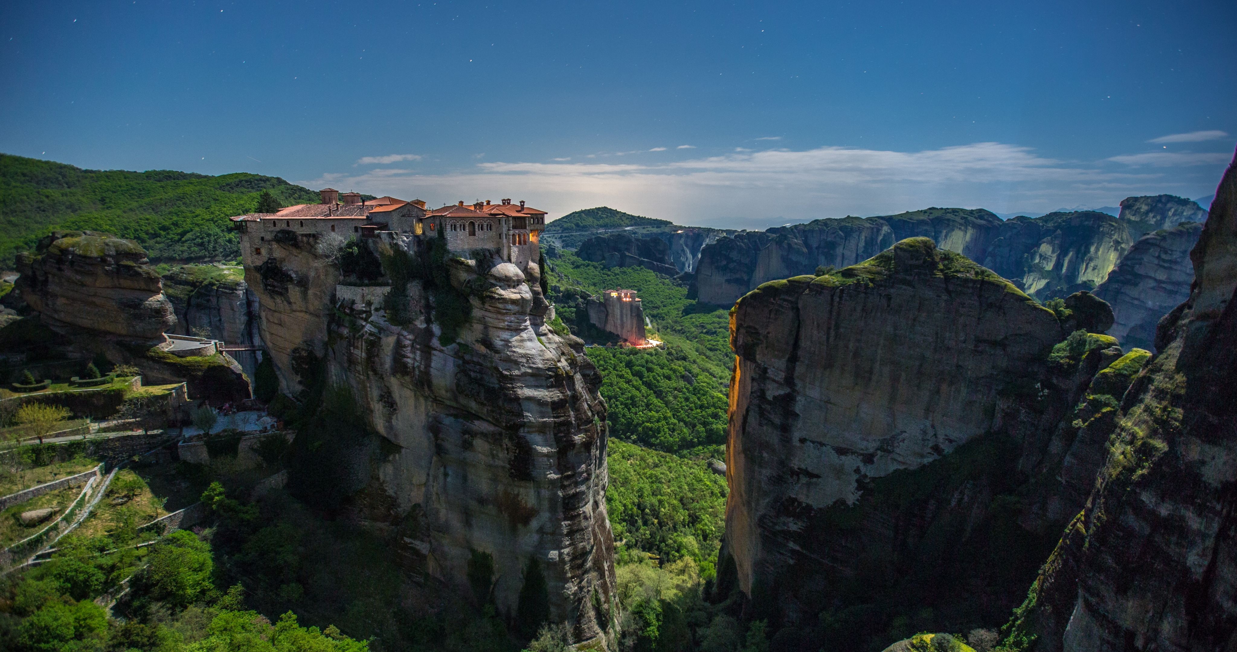 Meteora, forest, landscape, nature, house, trees, 4K, sky, Greece, photography, HD Wallpaper