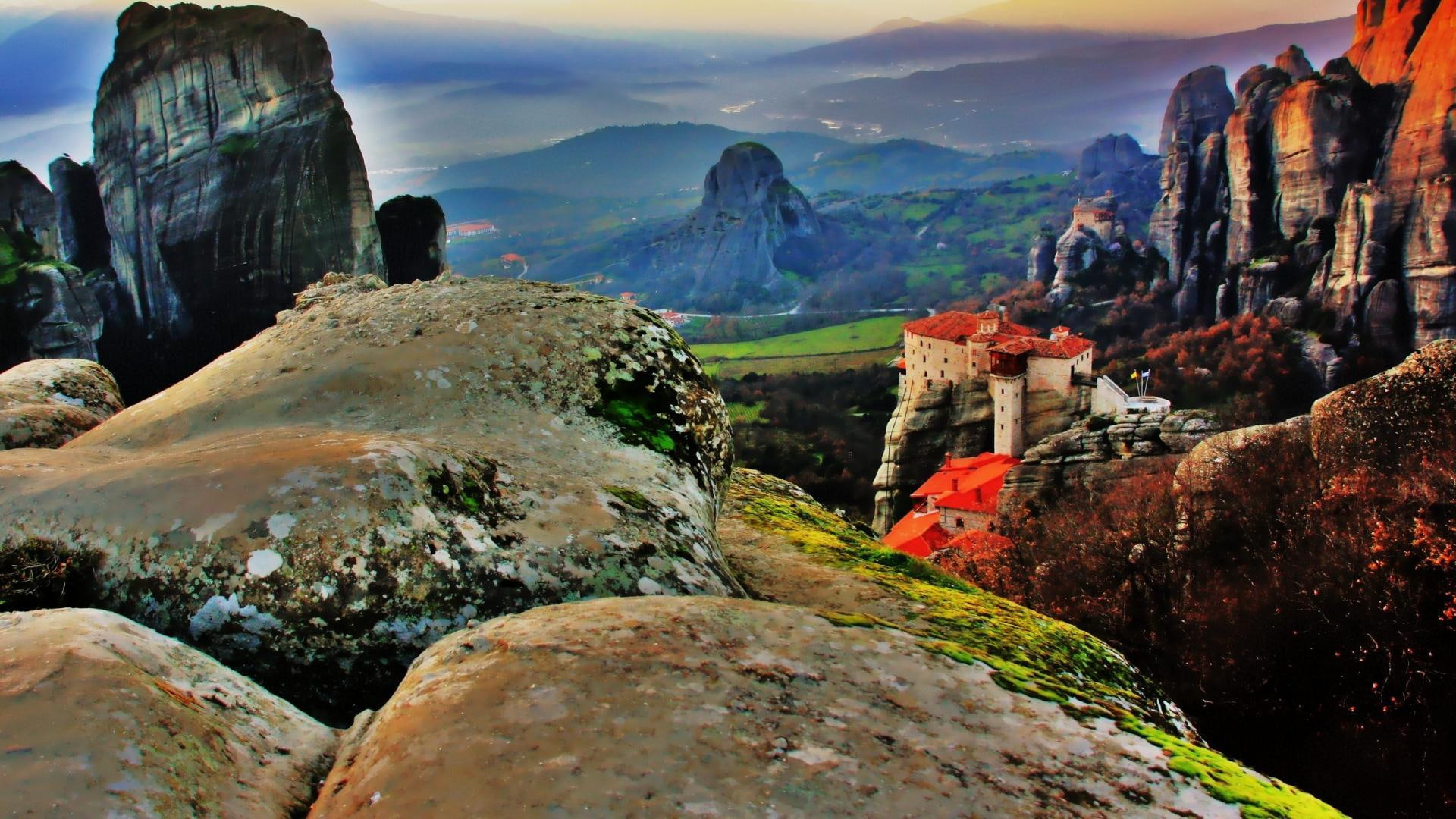 valley, nature and landscapes, red, concrete, wondrous, house, hdr, greece, white, rocks, meteora, 1080P, monastery, cliffs, mountain, HD Wallpaper