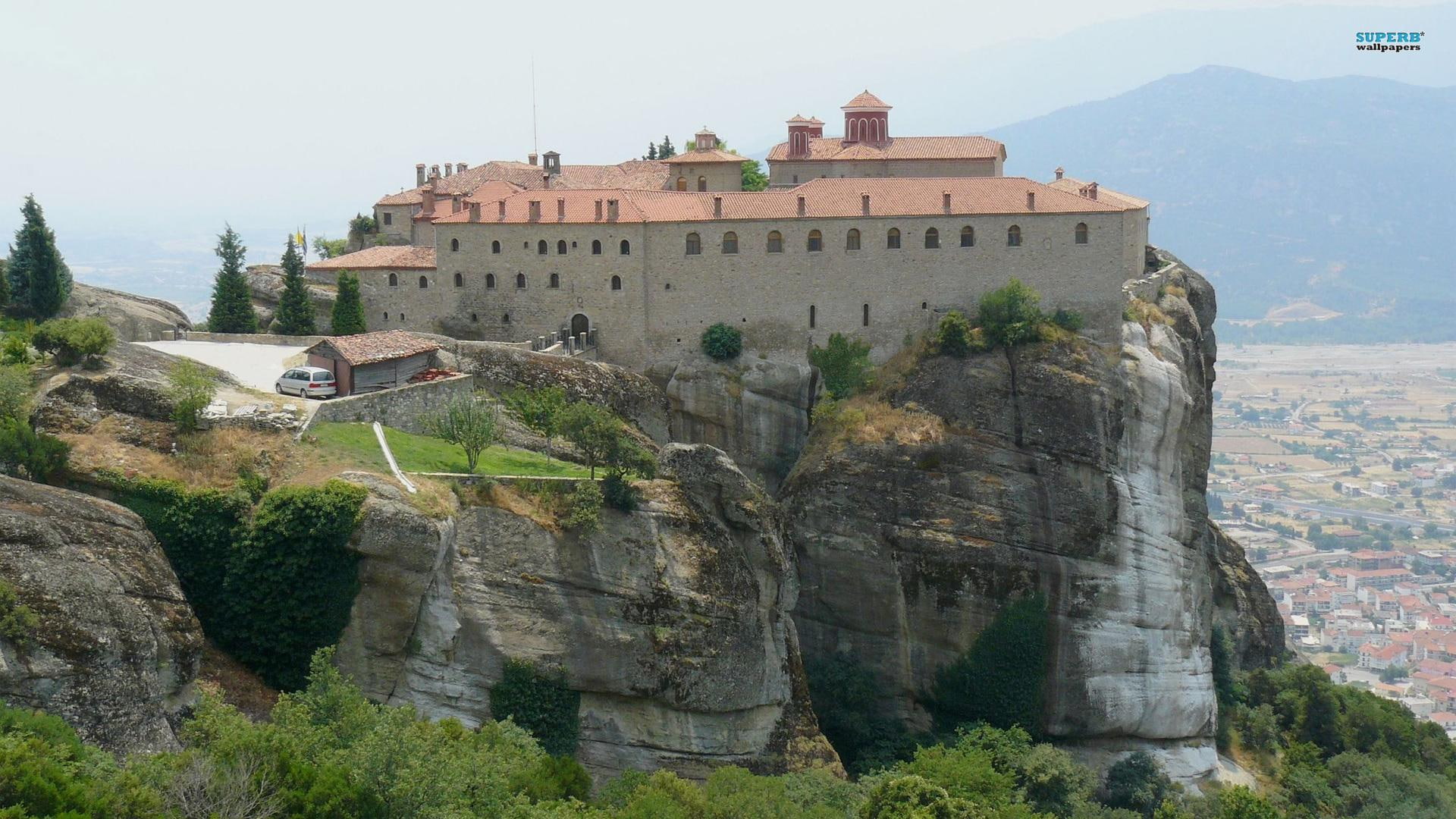 1080P, nature and landscapes, greece, trees, monastery, stephen, rocks, meteora, cliff, monestary, st, HD Wallpaper