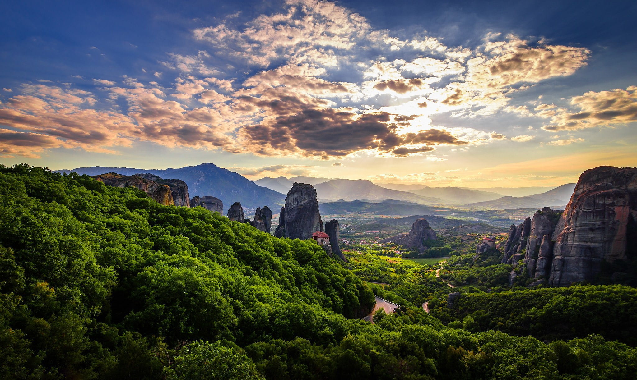 mountain range, scenics - nature, cloud - sky, sky, idyllic, sunset, mountain peak, nature, Meteora, 1080P, landscape, tranquil scene, outdoors, no people, HD Wallpaper