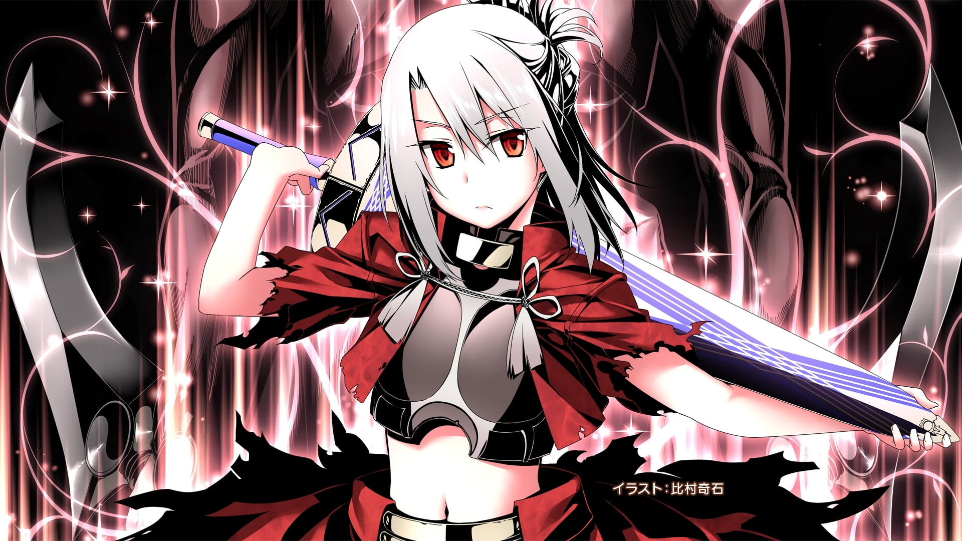 liner, white, weapon, stay, fate, kiseki, eyes, himura, illyasviel, hair, von, red, night, 1080P, kaleid, cosplay, navel, sword, einzbern, illya, prisma, HD Wallpaper