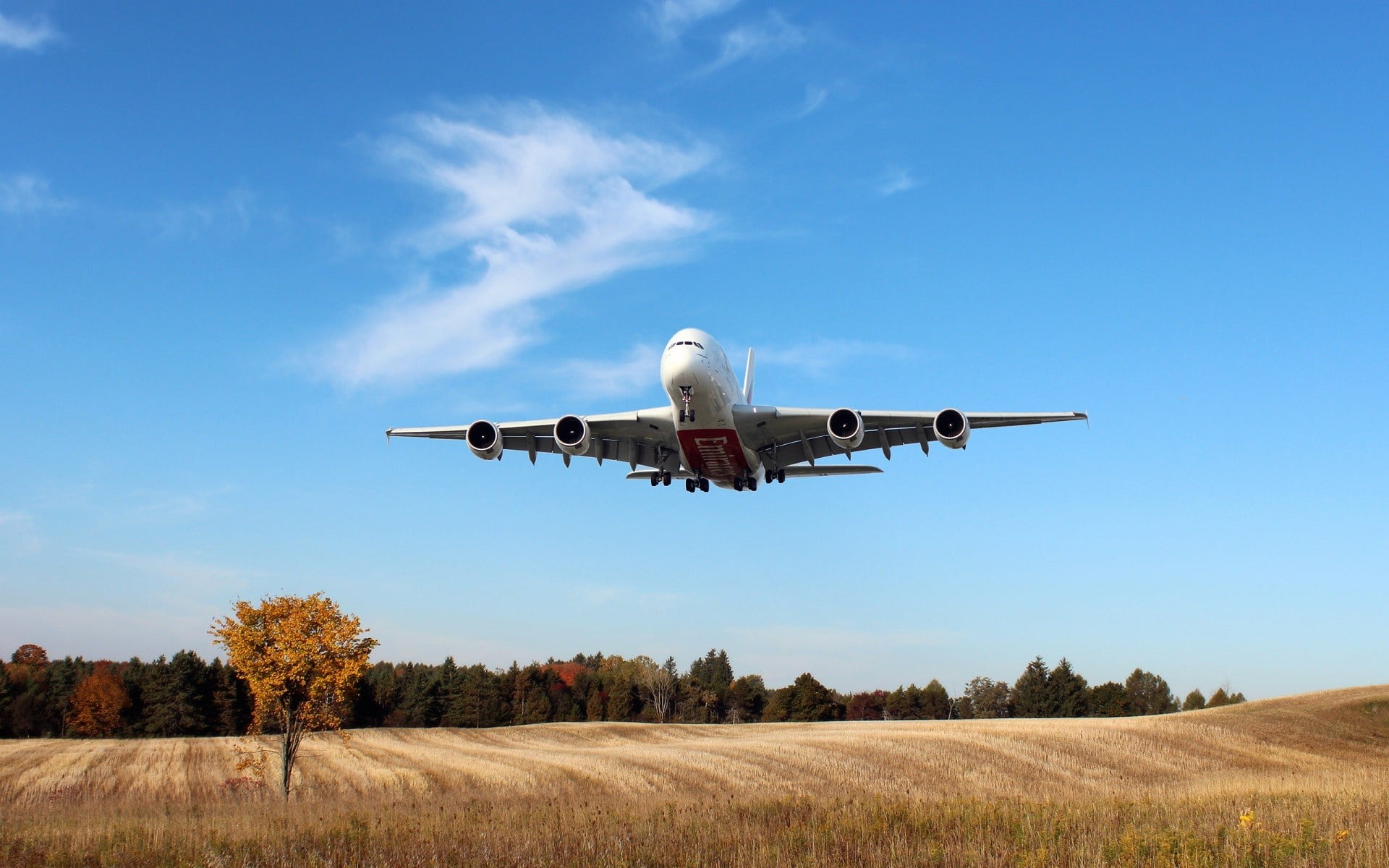 flying, landscape, day, commercial airplane, travel, field, daytime, sky, aerospace industry, passenger aircraft, aircraft, landing - touching down, mode of transportation, HD Wallpaper