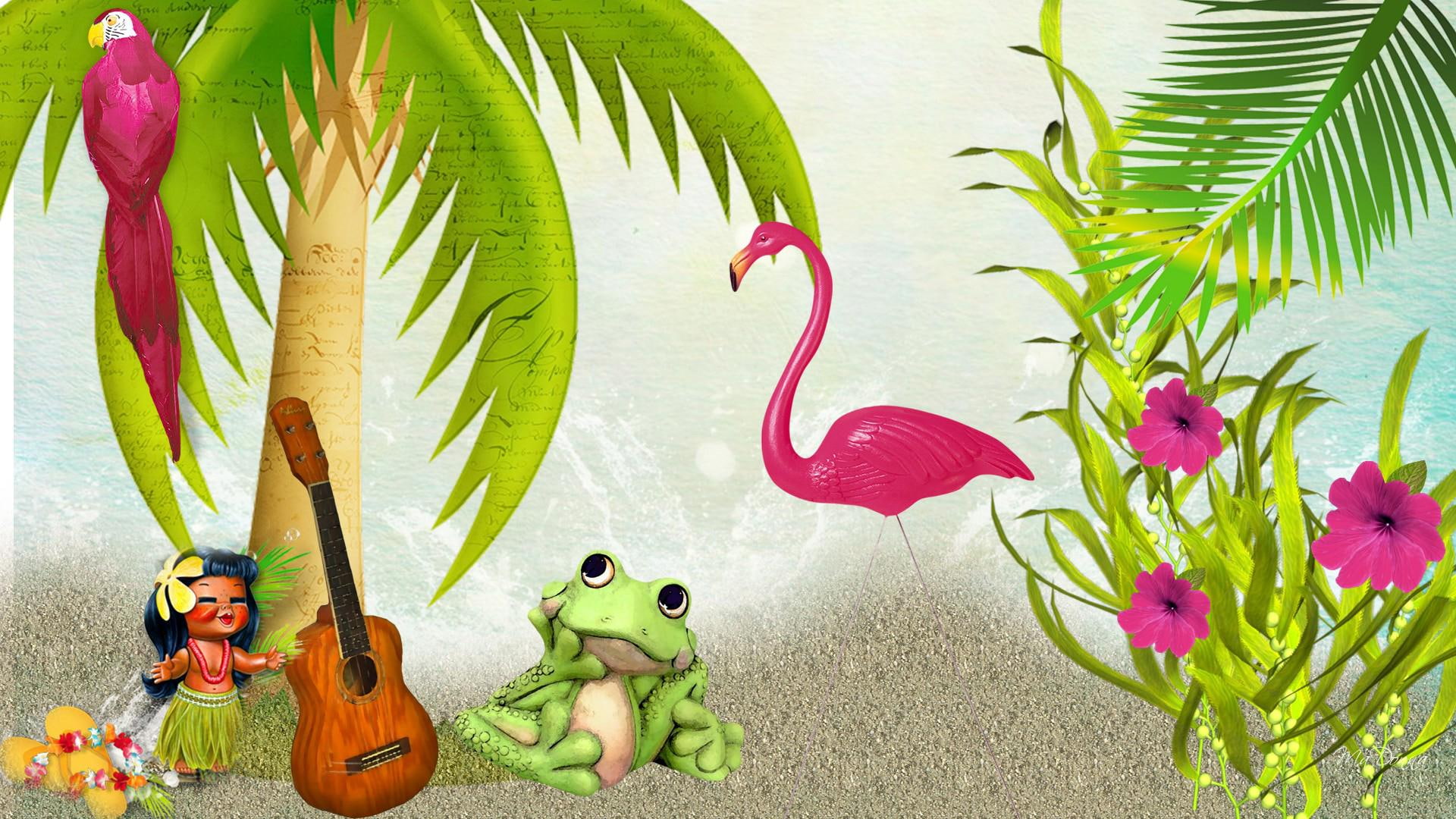vacation, coconut, flowers, 1080P, frog, cute, palm trees, painting, acoustic, green, froggy, tropics, whimsical, tree, beach, guitar, brown, pink flamingo, HD Wallpaper