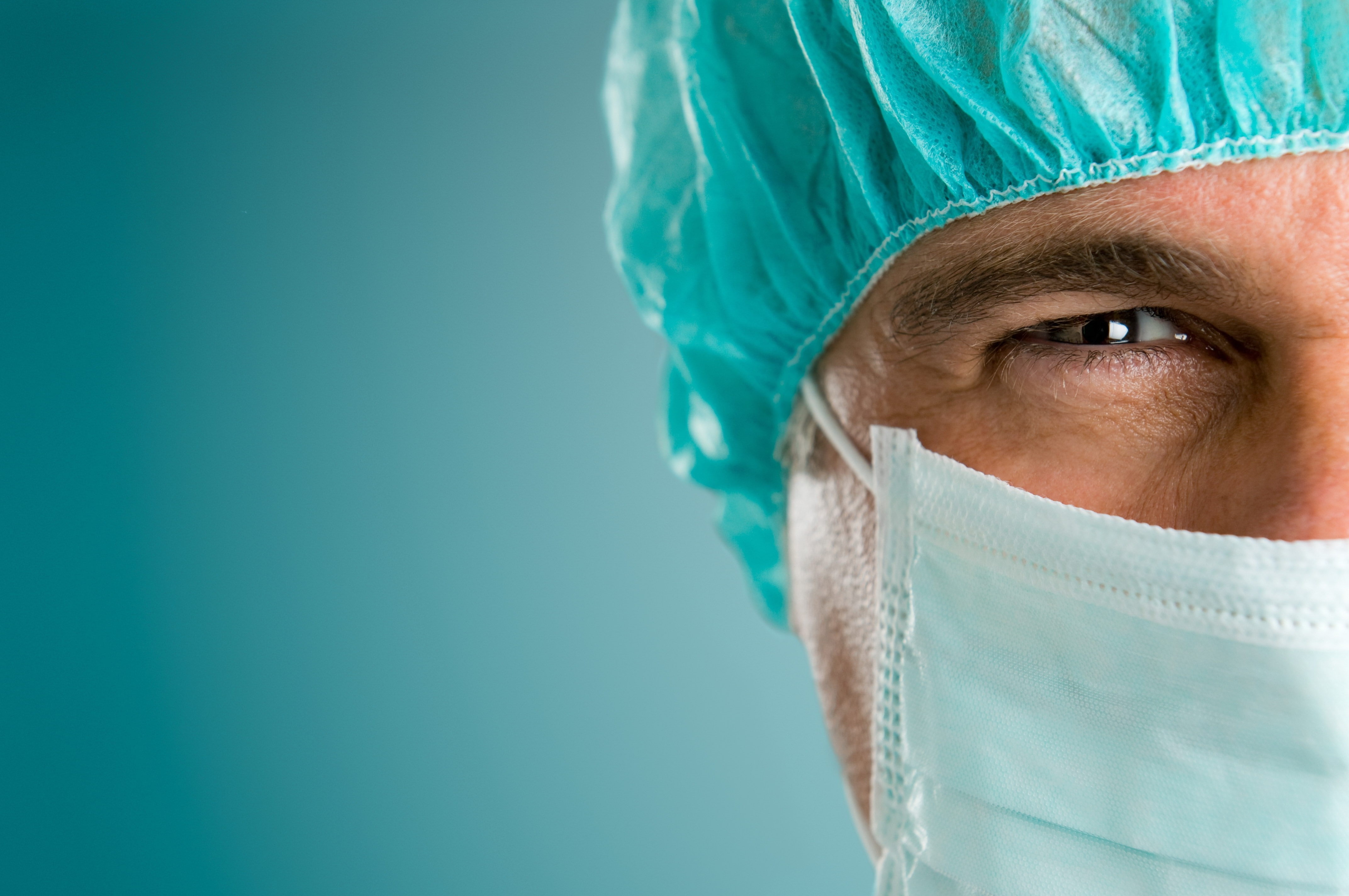 surgical cap, healthcare and medicine, Face, adult, looking at camera, one person, surgical mask, turquoise colored, care, occupation, human face, studio shot, HD Wallpaper
