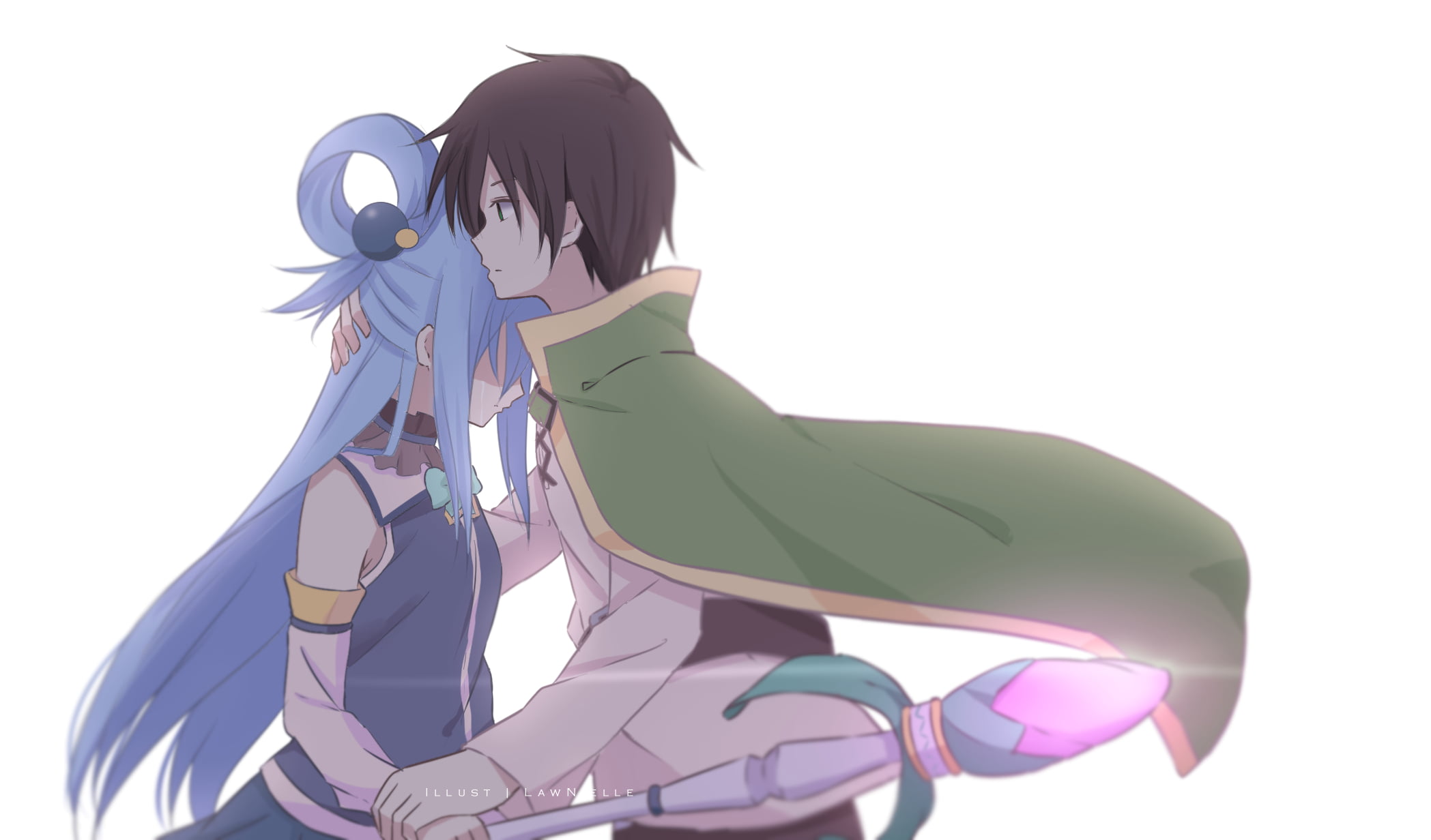 anime, anime girls, crying, Sato Kazuma (KonoSuba), Aqua (KonoSuba), Kono Subarashii Sekai ni Shukufuku wo!, 1080P, white background, HD Wallpaper