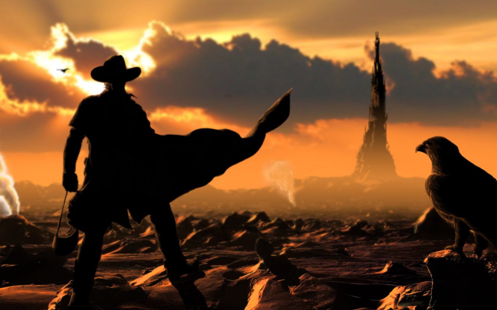 silhouette, tower, sky, cloud - sky, sunset, rock - object, 1680x1050 px, px, Gunslinger, wastelands, nature, bmw, animal, cars, bird, roland, orange color, HD Wallpaper