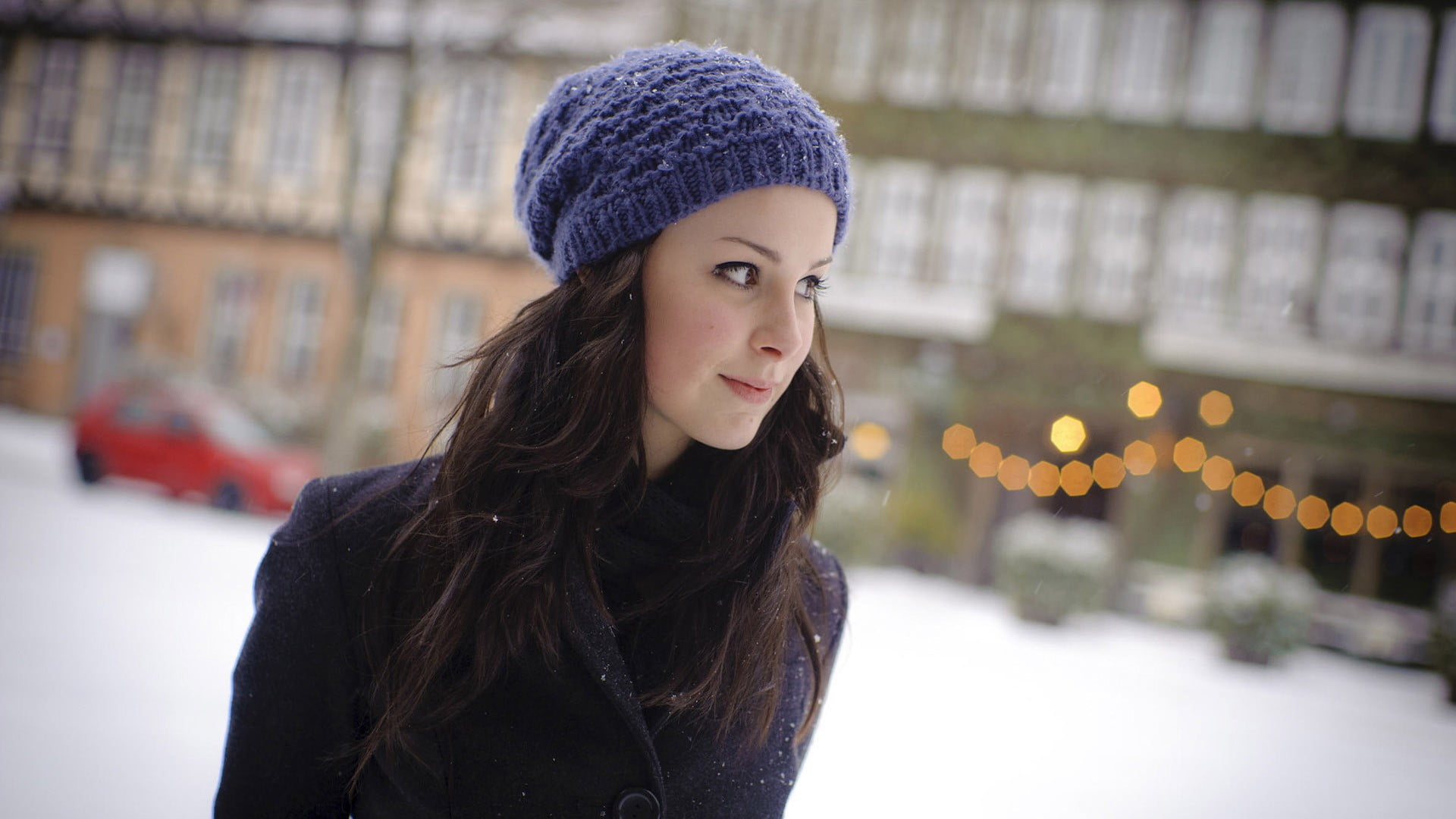 s, hat, lifestyles, cold temperature, brown eyes, black, hairstyle, snow, clothing, portrait, young adult, beauty, focus on foreground, Lena Meyer-Landrut, HD Wallpaper
