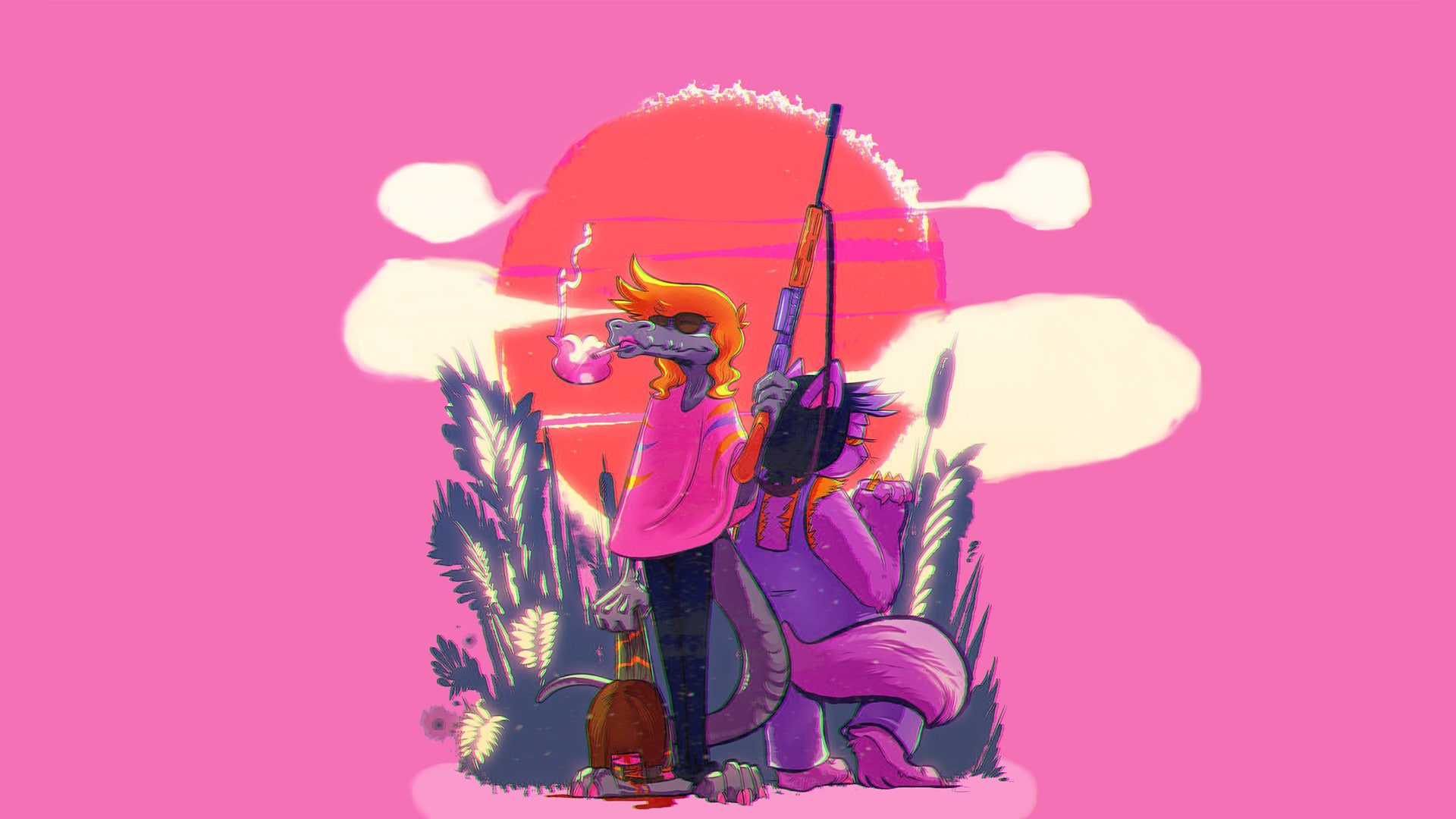 Undertale, Cat Girl, smoking, reptiles, FN FAL, love, 1080P, Chara, Pink Dress, Pink Background, HD Wallpaper