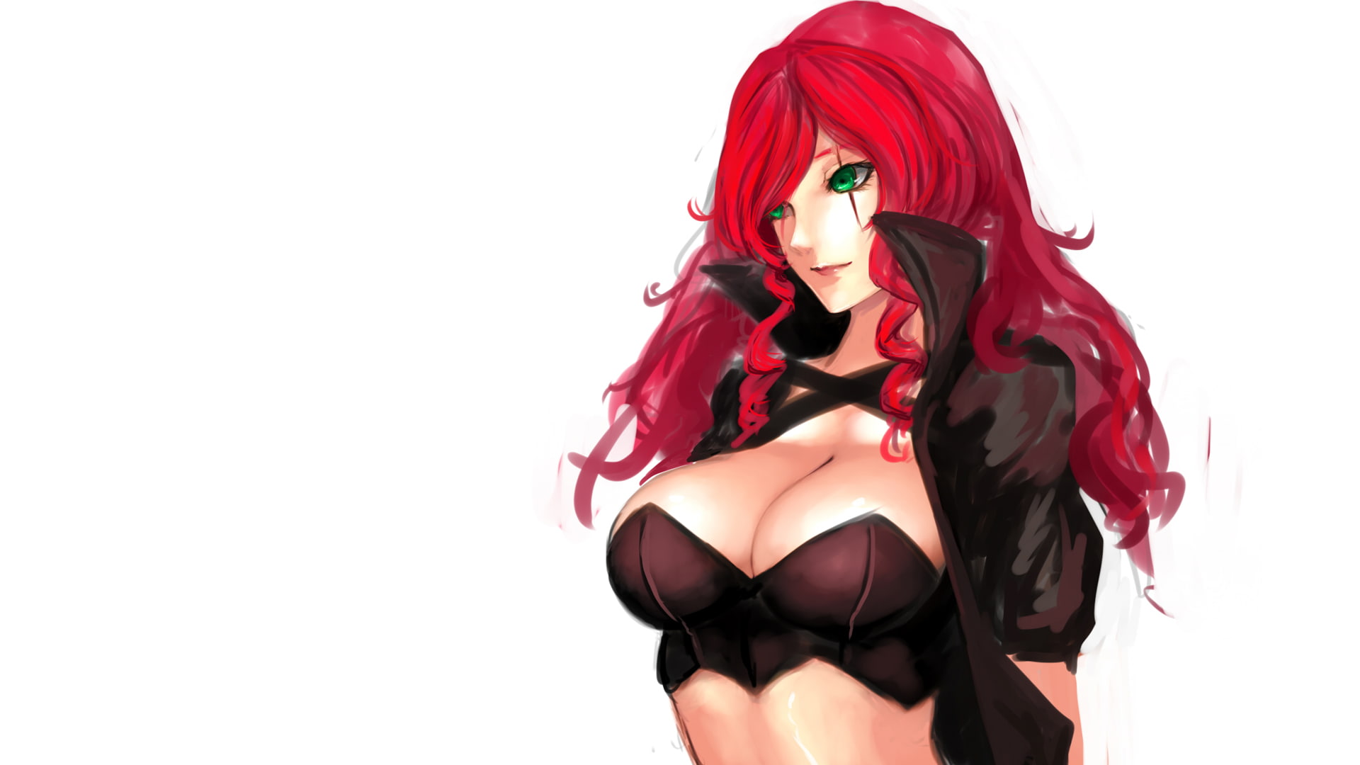 1080P, legends, red, white, character, hd, haired, video games, drawing, katarina, anime, league, woman, redhead, cleavage, HD Wallpaper