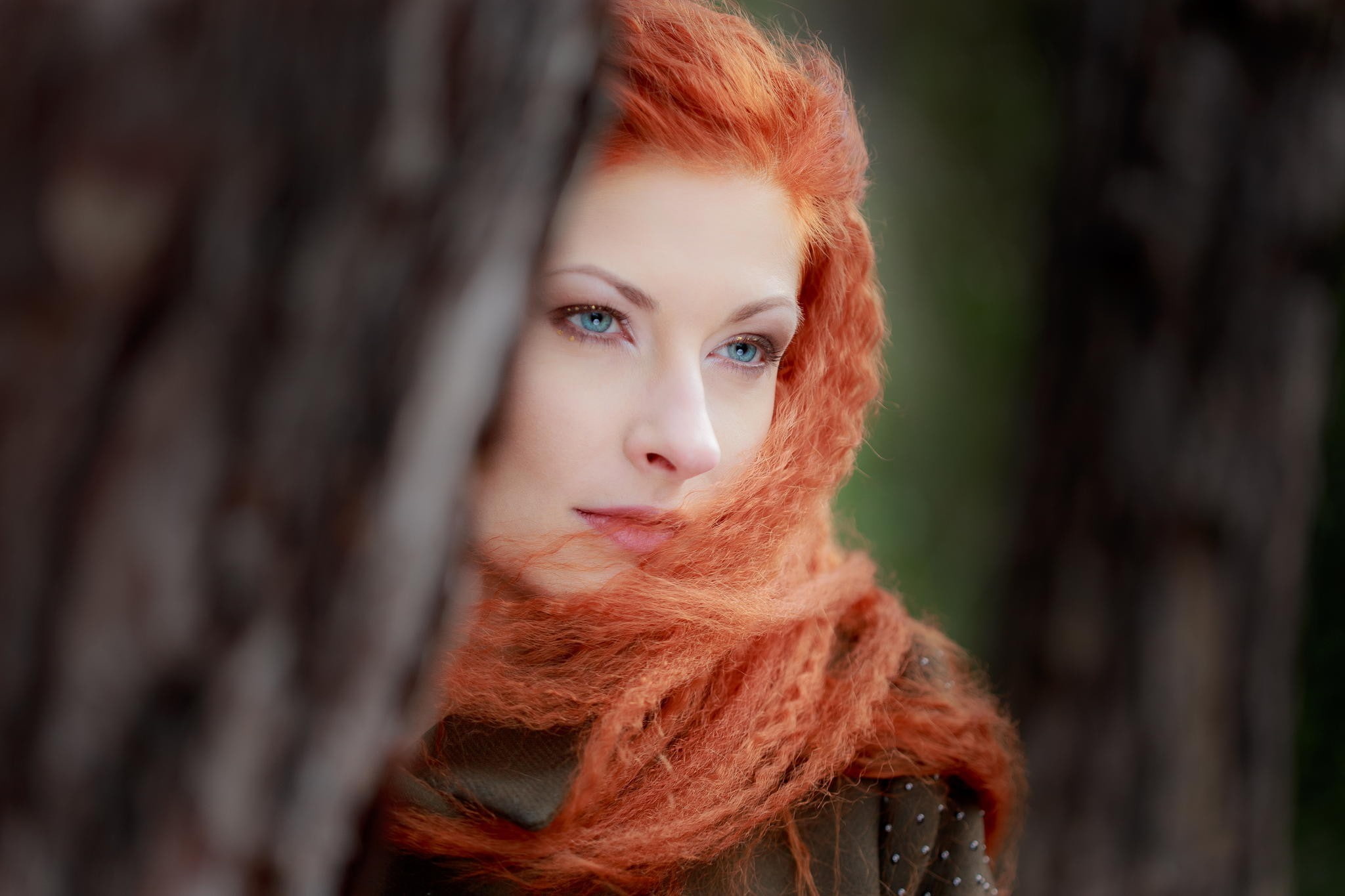 1080P, long hair, outdoors, women, face, orange, blurred, s, eyes, women outdoors, long, redhead, braided, blue, blue eyes, hair, 2048x1365, bokeh, HD Wallpaper