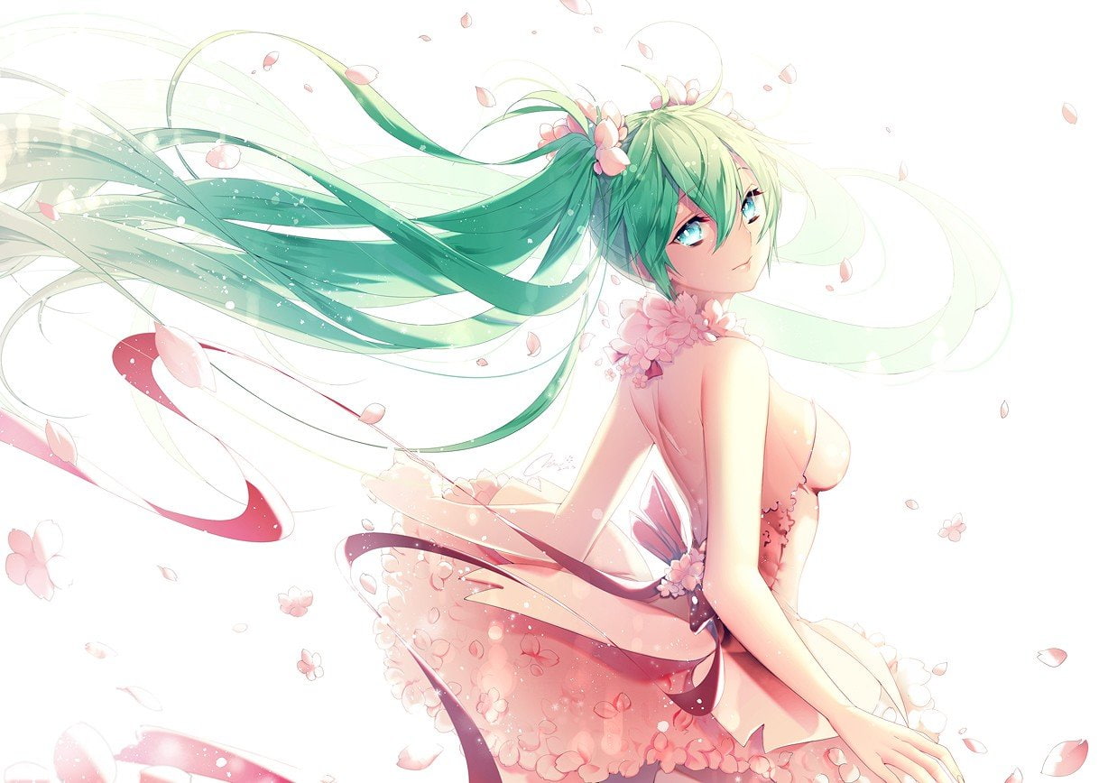 flower in hair, art, Anime Girls, x, Dress, girls, Hatsune Miku, Flowers, ribbon, 1228x868 px, twintails, px, anime, hatsune, hair, long, hellsing, long hair, HD Wallpaper