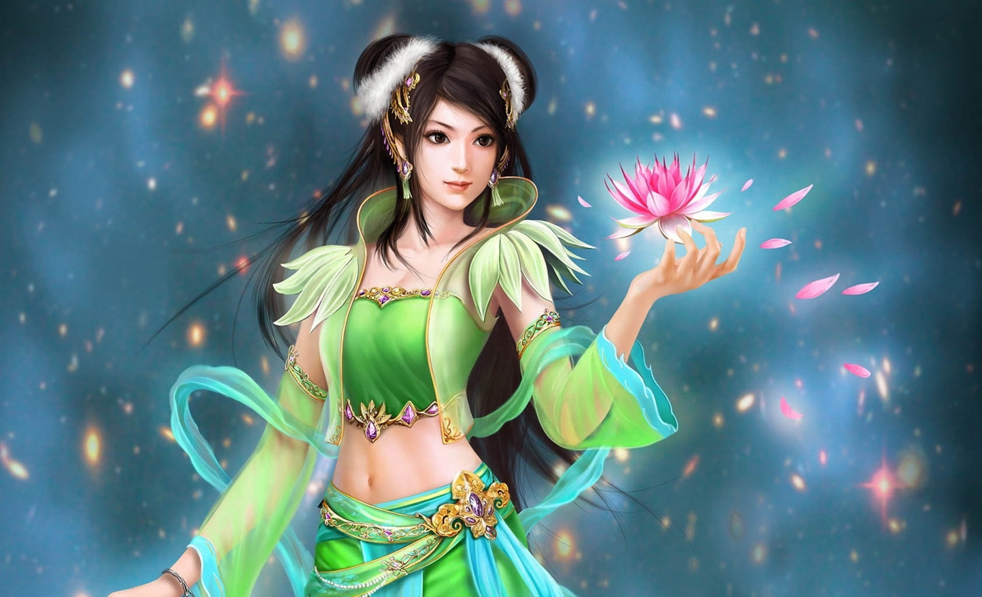 Sparkles, Perfect, mood, dynasty, fantasy, world, women, water, Girls, jade, Magic, flowers, 1080P, art, petals, females, lily, HD Wallpaper