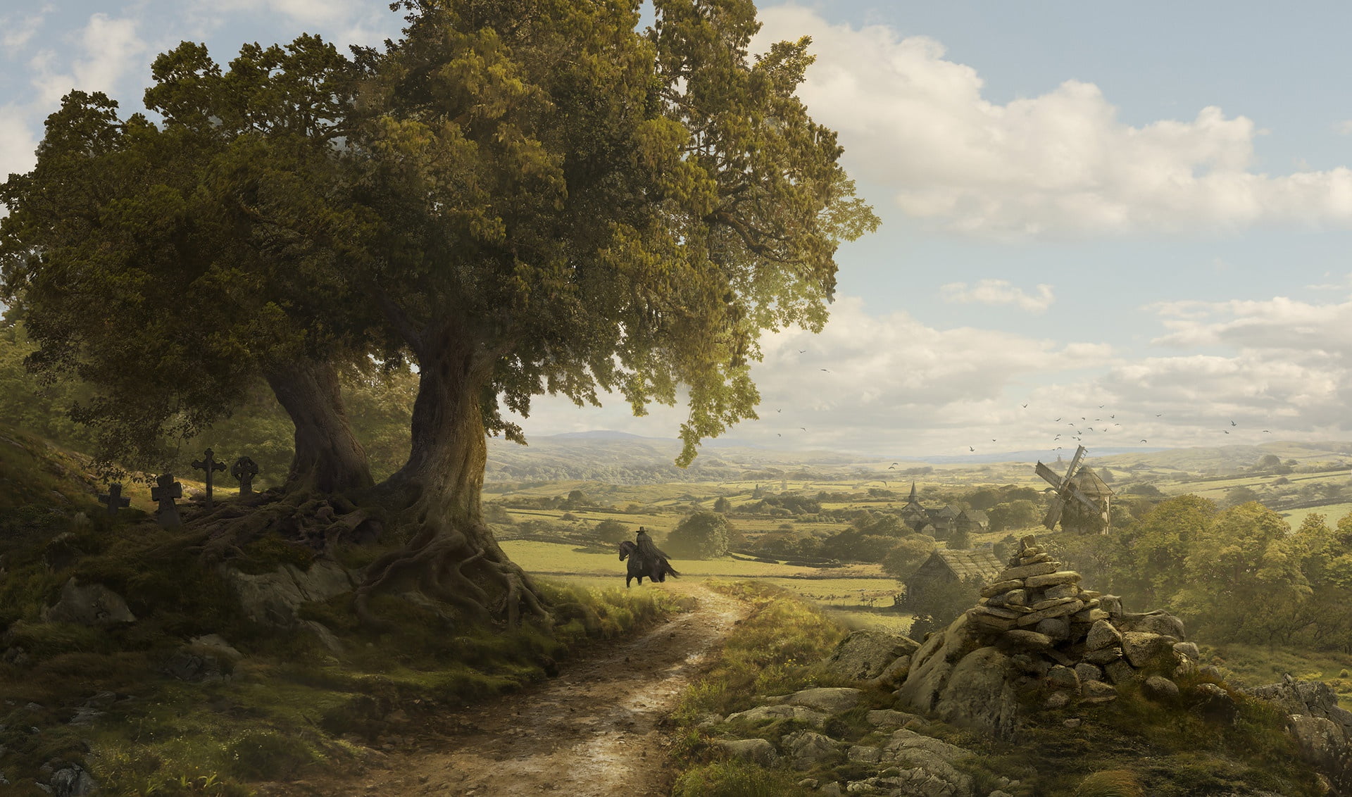 France Landscape, mill, 1080P, valley, Solomon Kane, rider, HD Wallpaper