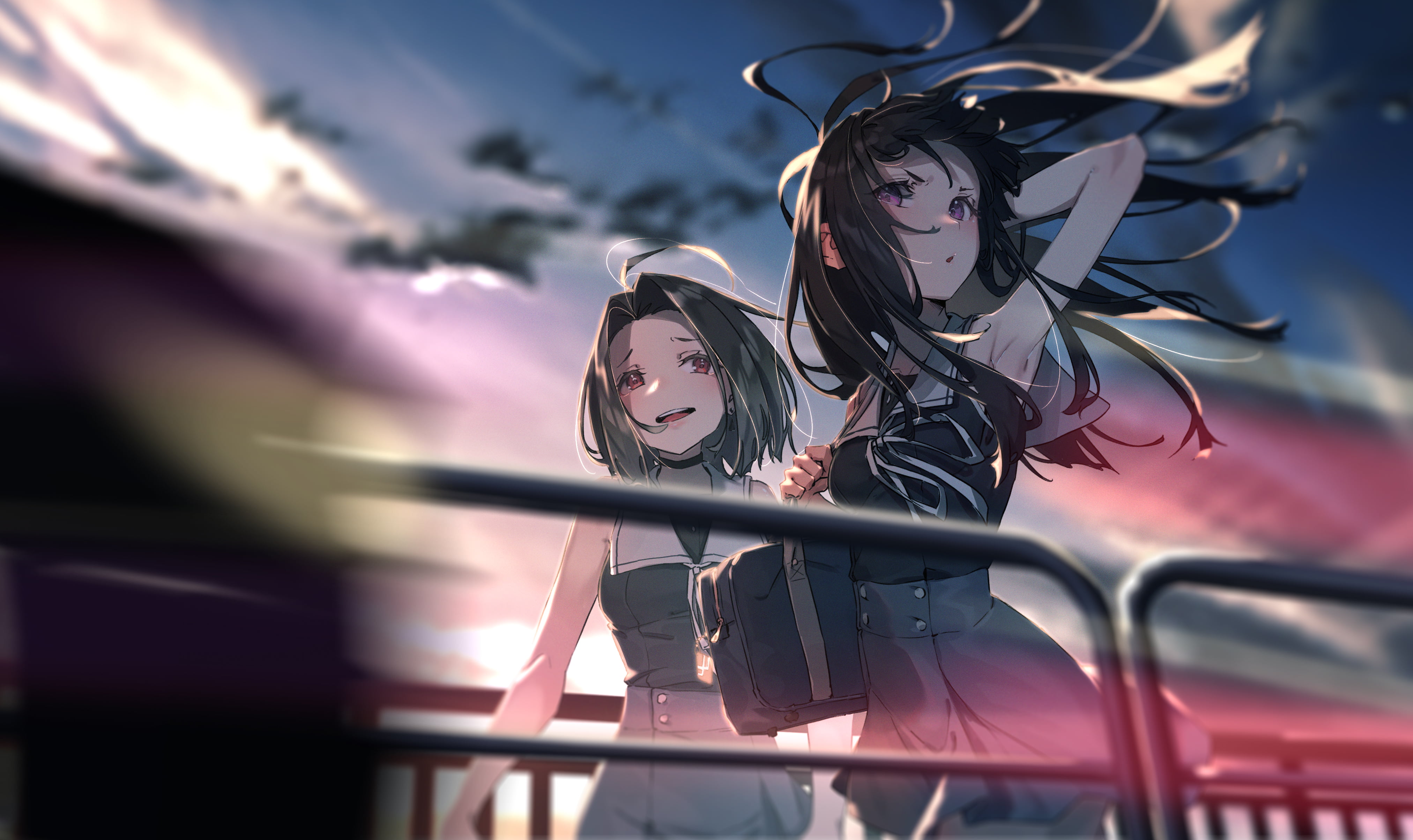 original characters, windy, 4K, artwork, illustration, schoolgirl, anime girls, Rolua Noa, digital art, drawing, anime, sky, 2D, Pixiv, bokeh, HD Wallpaper