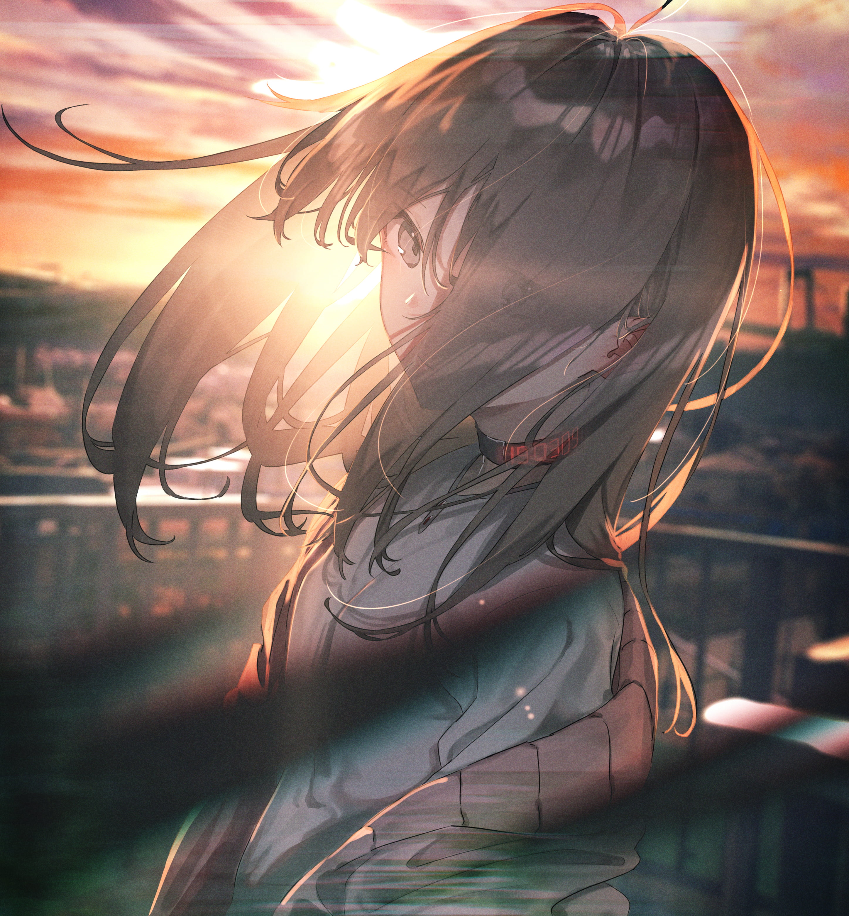 women, anime girls, Rolua Noa, illustration, lens flare, digital art, portrait, 2K, long hair, T-shirt, artwork, looking at viewer, anime, hair in face, Phone HD Wallpaper